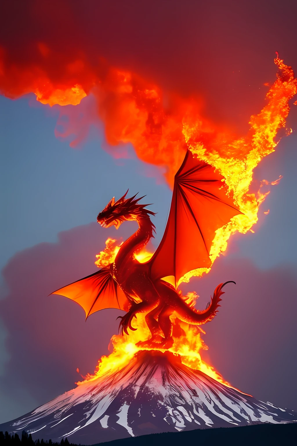 The red dragon is spewing fire, behind it is an exploding mountain.