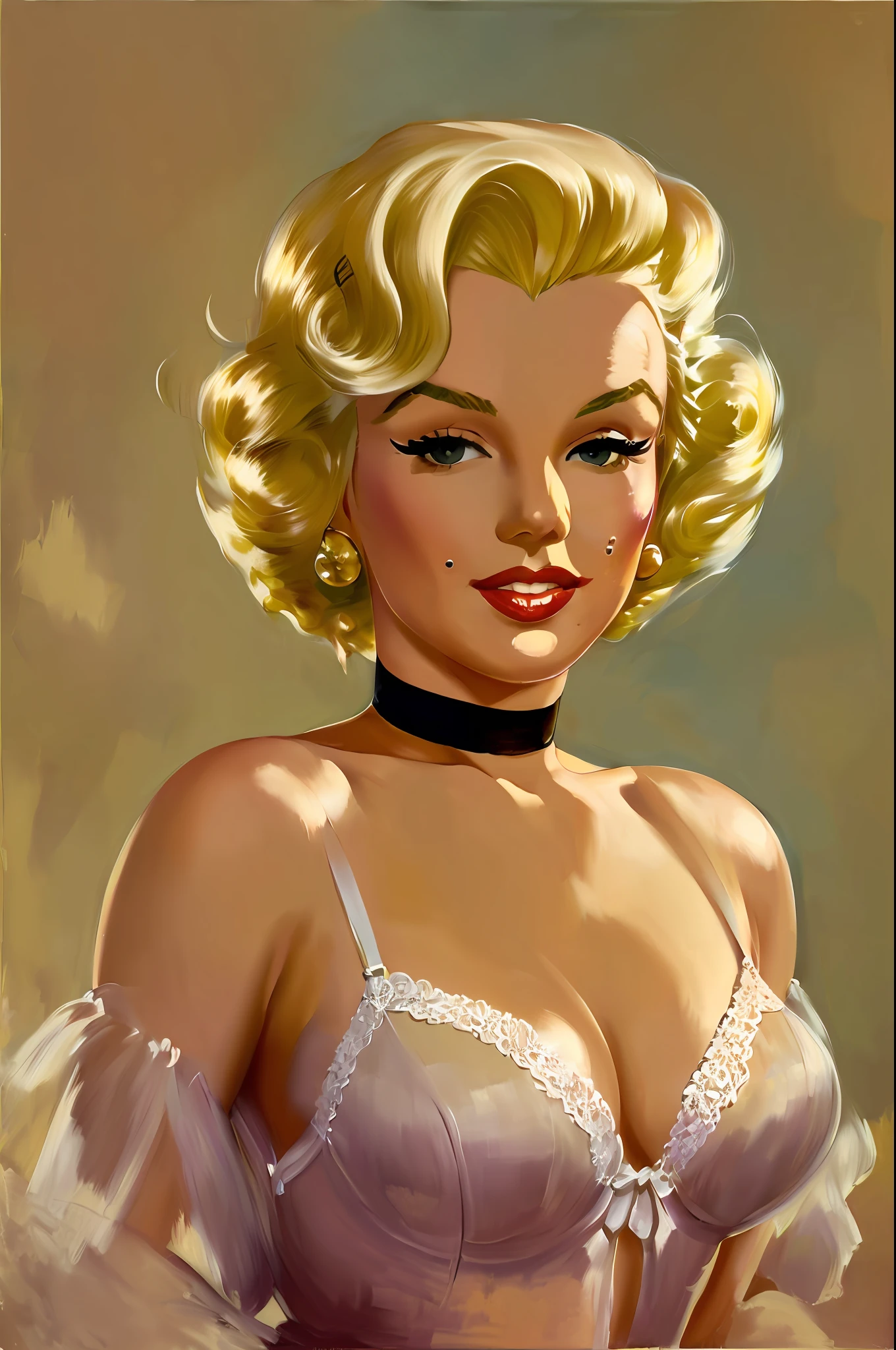 a painting of  Marilyn Monroe an with blonde 50s hair style, wearing lingerie, in the art style of gil elvgren, award winning, masterpiece, retro painting