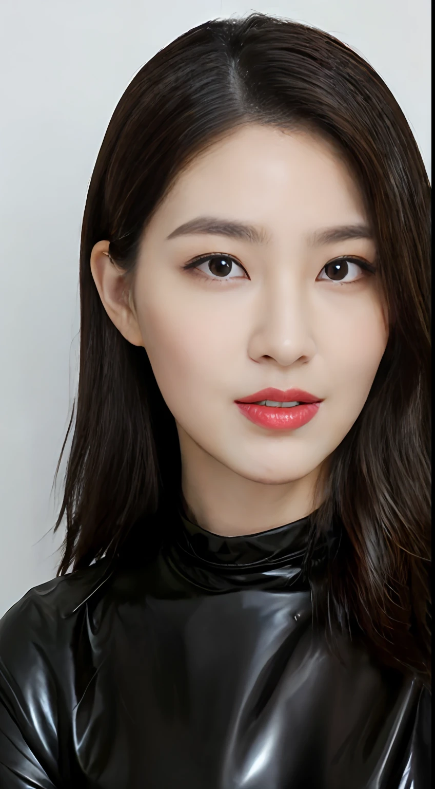 (top-quality)、A Japanese Lady､1girl in、dark brown  hair)、(The sheen、latex suit)、hyperdetailed face、Detailed lips、A detailed eye、red lipsticks