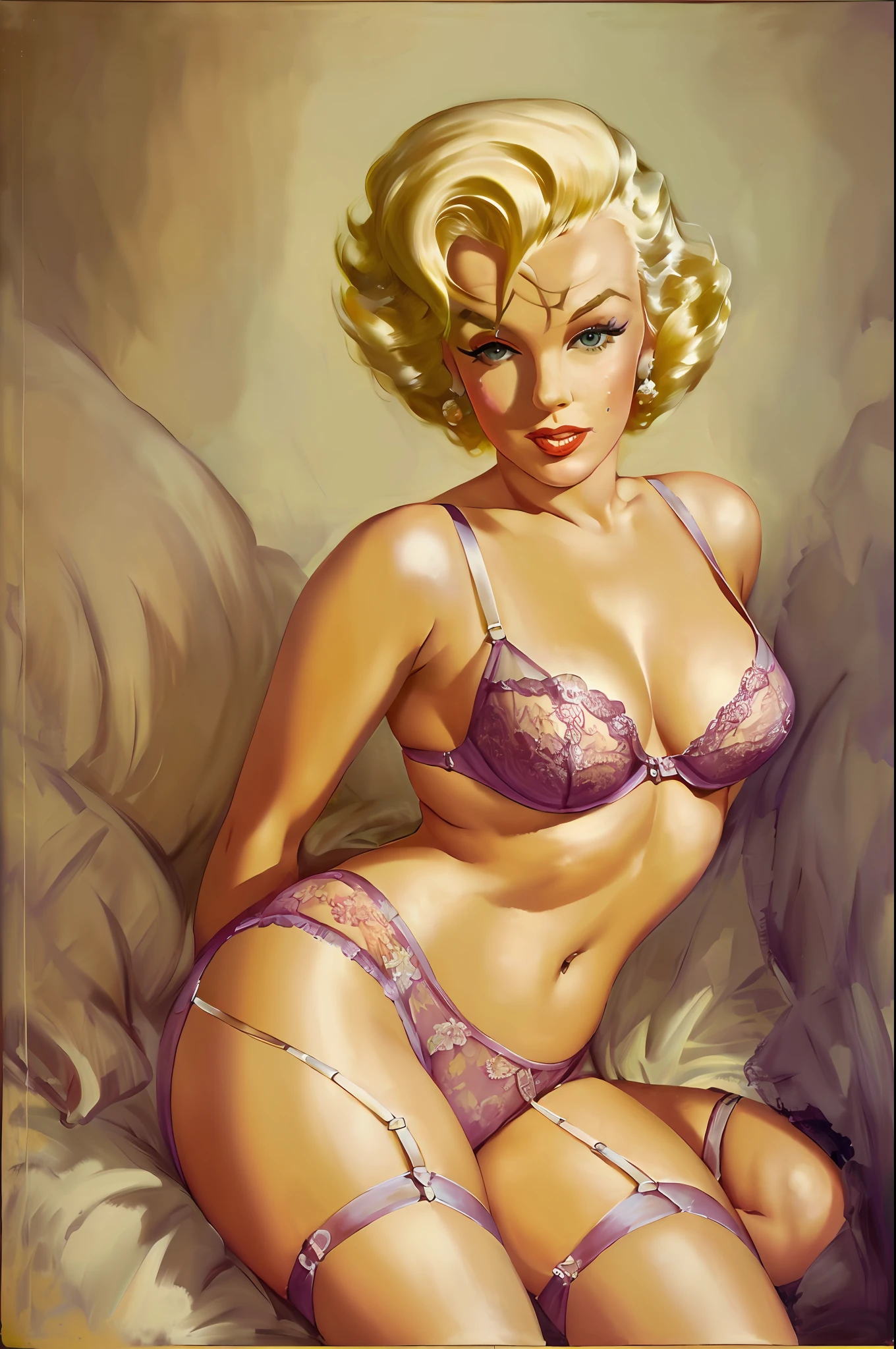a painting of  Marilyn Monroe an with blonde 50s hair style, wearing lingerie, in the art style of gil elvgren, award winning, masterpiece, retro painting