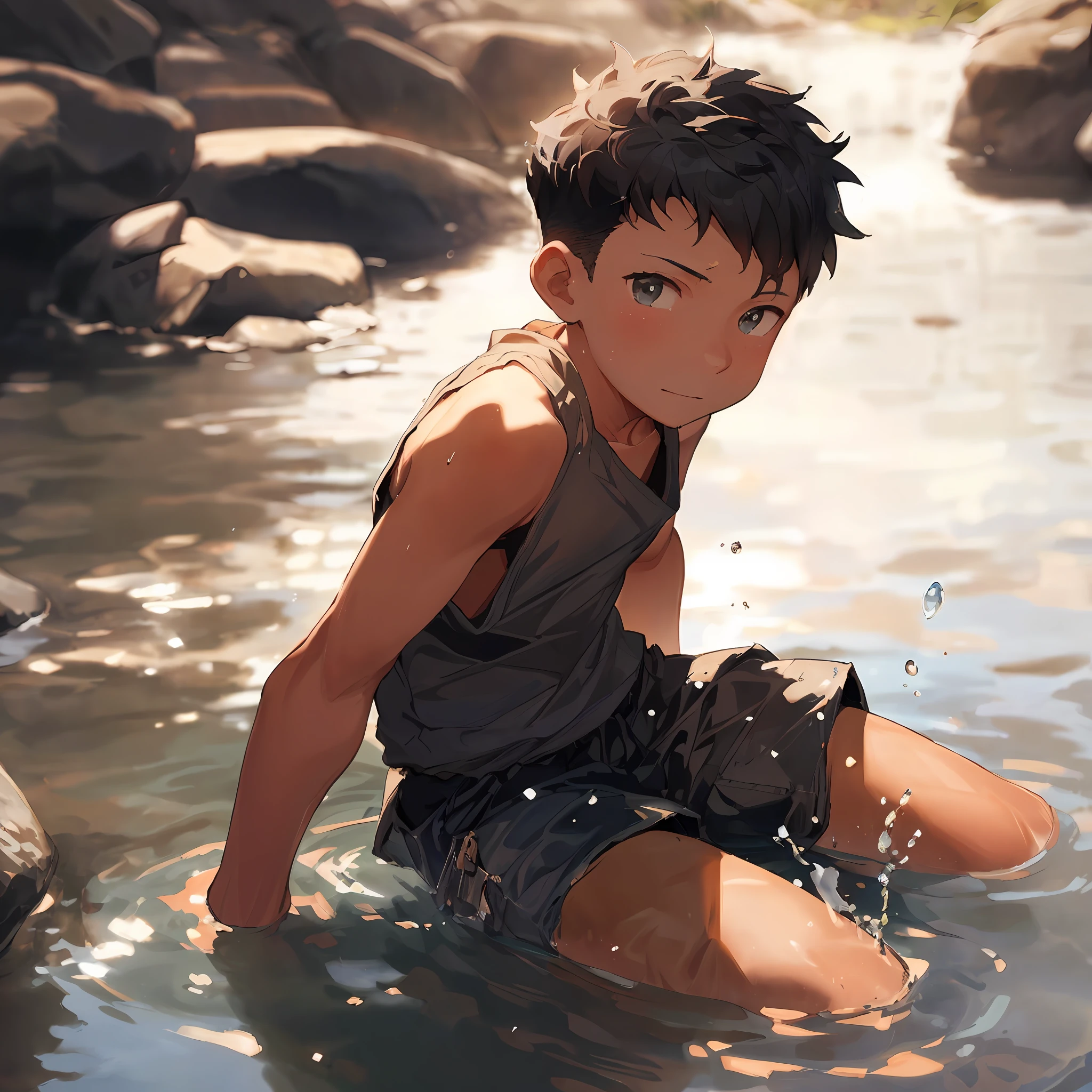 -yeld boitting in water,Stones and water splashed on him, vests,shorter pants,small stream,Sideslit,Shinkai sincerely,Pisif,best qualtiy,8K