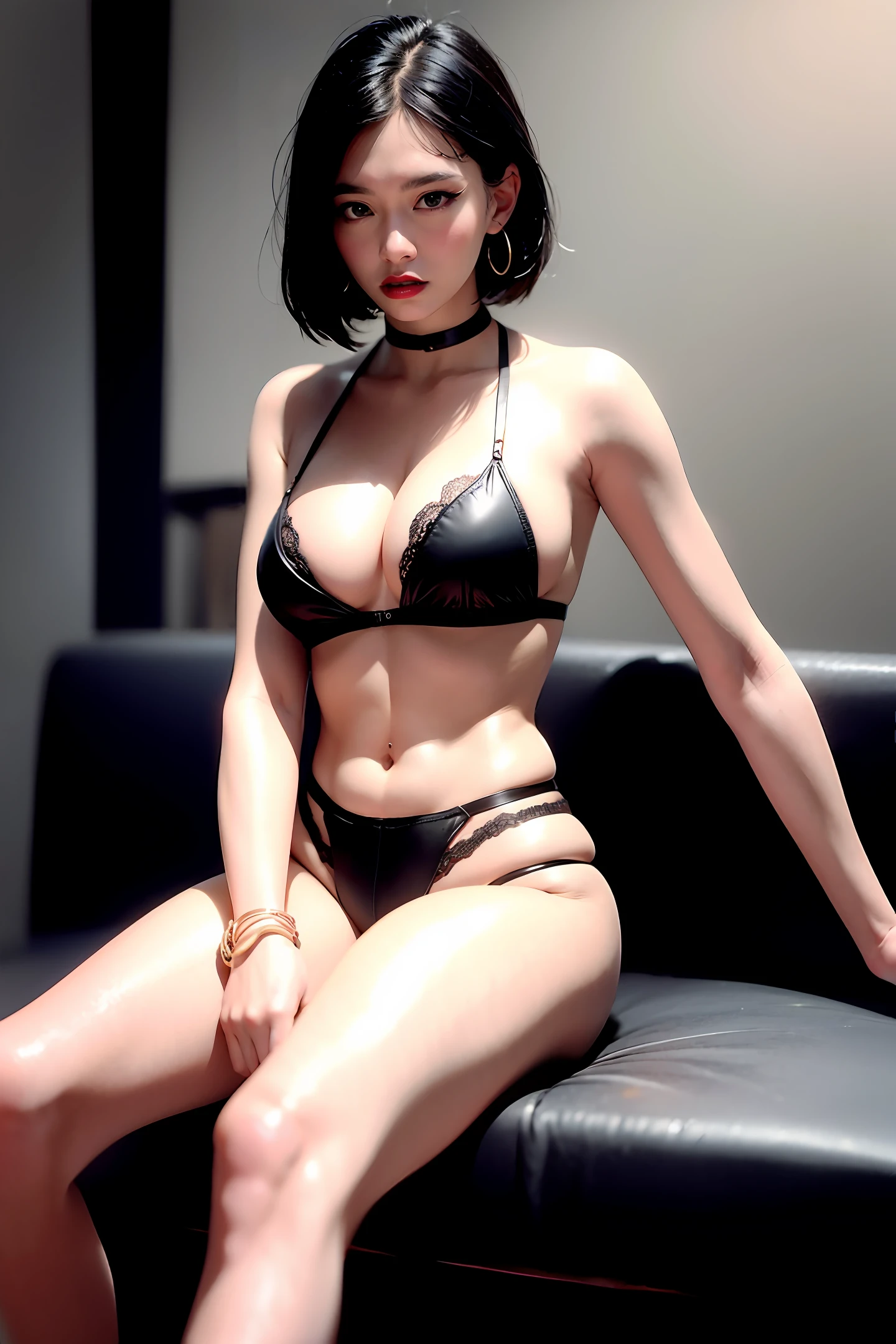 Black Hair Bob, (RAW Photo, Photorealism), (Very dark lip gloss, pitch black lipstick, so many eyelashes, pitch black eyeshadow, watery eyes, crying, angry, high quality, high resolution, depth of field, chromatic aberration, natural color, caustics, Japan person, woman, 30s), white bra, choker, necklace, single woman, earrings, bracelet, Soft looking big, good style, slender figure, tips of clearly visible, whole body, bare legs, body line is very sexy, crotch wide open, sticking out, skin is very exposed, tips of are clearly visible, areola is visible, pubic area is clearly visible, crotch wide open, minimum protrusion, genuine leather sofa, pubic hair, lower abdomen bristles , raw leg