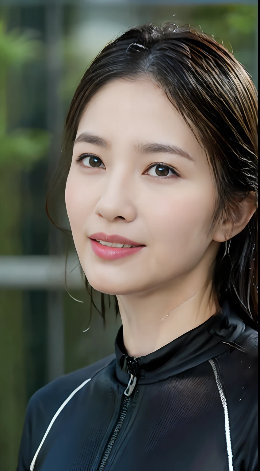 (top-quality、4k、masterpiece:1.3)、A Japanese Lady、1girl in、A sexy:1.1、dark brown hair:1.1、(rainy wet、wet from the rain、a wet body:1.3)、The sheen、ratex、wet suit、hyperdetailed face、detailed lips、A detailed eye、Red lipstick