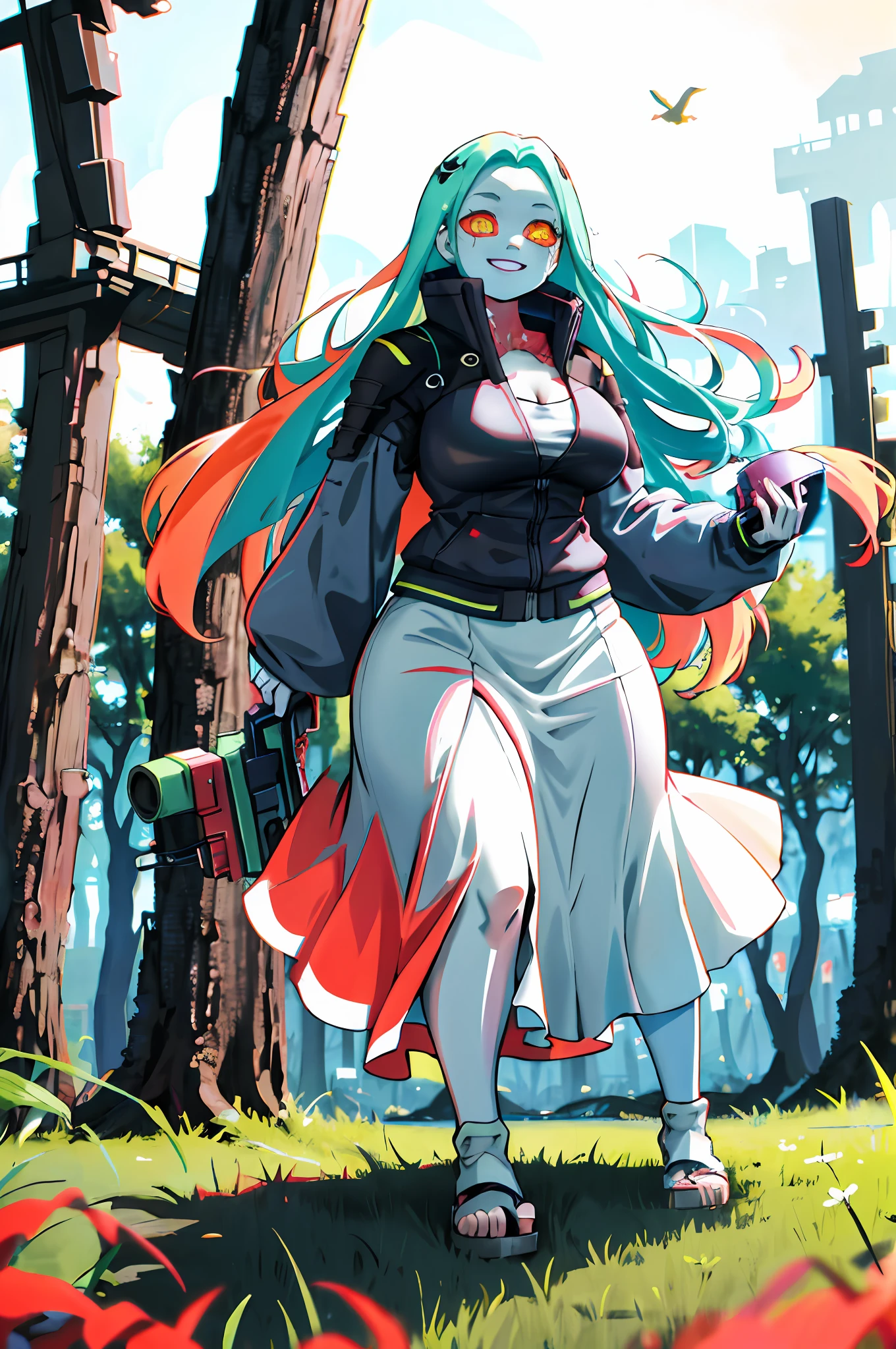 rebecca \(cyberpunk\), mechanical eye, colored sclera, red sclera, colored skin, white skin,1girl, red pupils, long skirt, curvy, thicc, walking, vest, long skirt, tall girl, iceland tundra, happy, smile, forest, big breast, flip flops