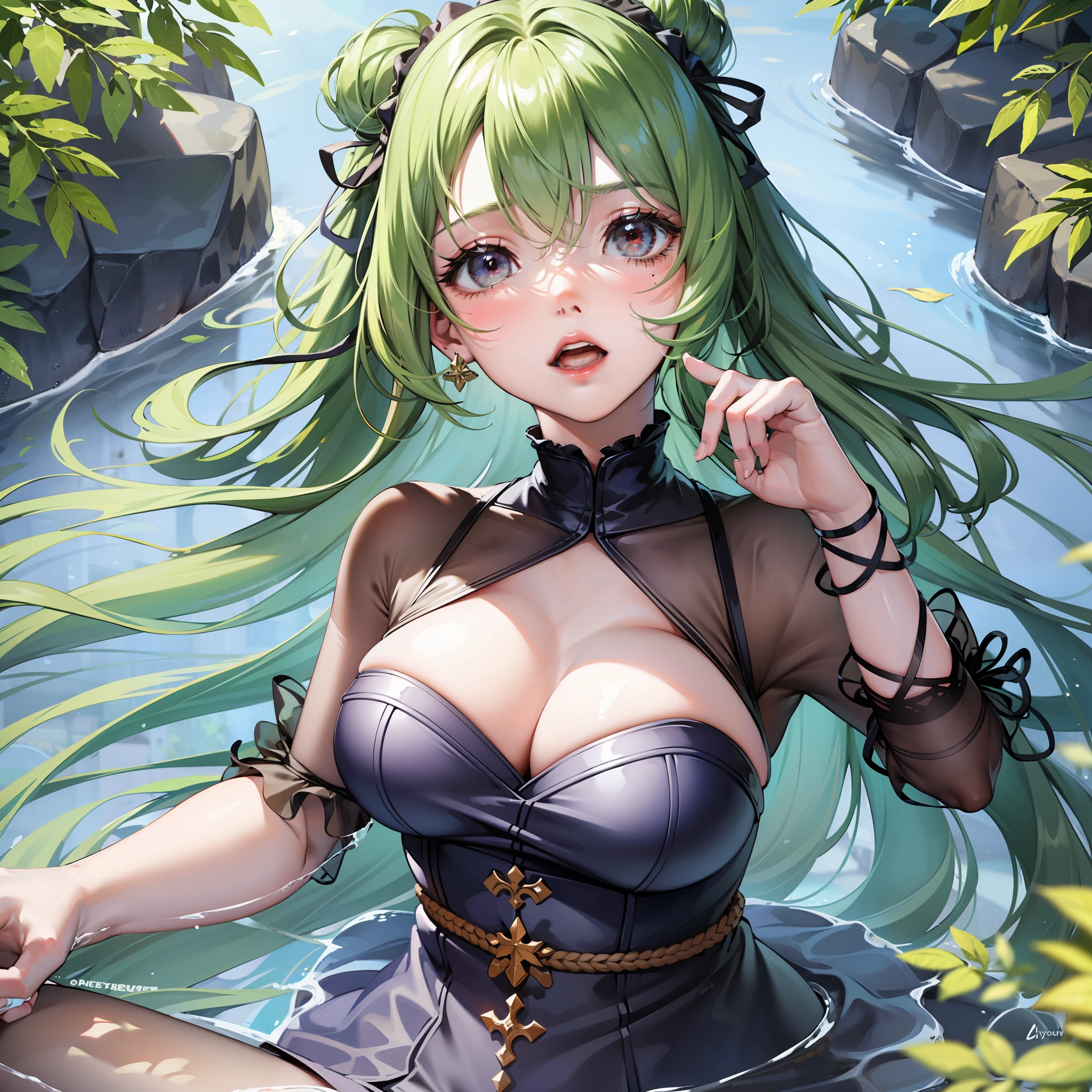 Green hair, shylily,Be red in the face,Get wet,large tities,, 16k,Dead reservoir water,Bare chest,a beauty girl,The skirt was lifted,Holding urine