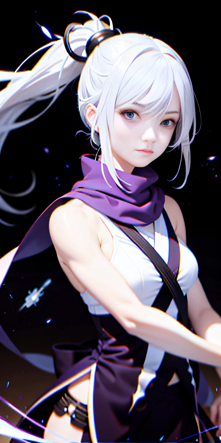 upper body, 1girl, white hair, ponytail, purple eyes, (ninja), short sword, medium breats ,scarf, wallpaper, magic circle background, light particles, blue fire,