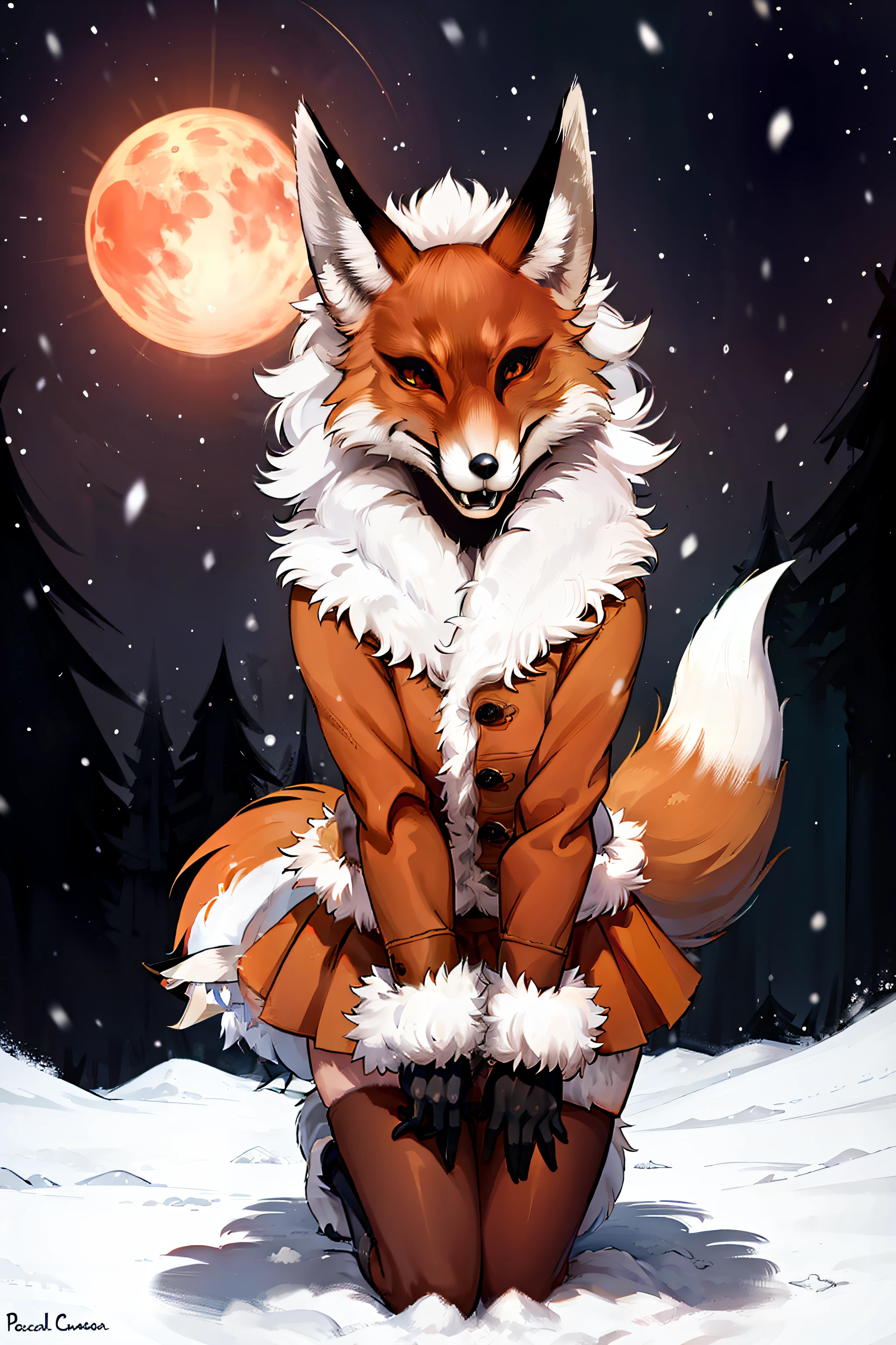 (tmasterpiece), 4k resolution, A highly detailed, (hiquality), HDR, 独奏, 1 animal, red fox, 25 years, ((Adult woman)), ((muscular)), pectoral muscles, 独奏, (Furry), ((furry female)), Animal nose, (Fox muzzle), A detailed eye, Yellow eyes, animal ears, Fox Girl, orange furr, Fox ears, The animal's ear is fluffy, Foxtail, Body fur, open mouth, ((Evil grin)), fangs, (Winter Top), (Winter short skirt ), fur collar, fur-trim, gloves, black gloves, (winter boots), looking a viewer, object \(The Great Red Moon\), Snow-covered forest in the background, night sky, night time, snowing, Standing, hands on the belt, Legs Spread Out, Sat down,