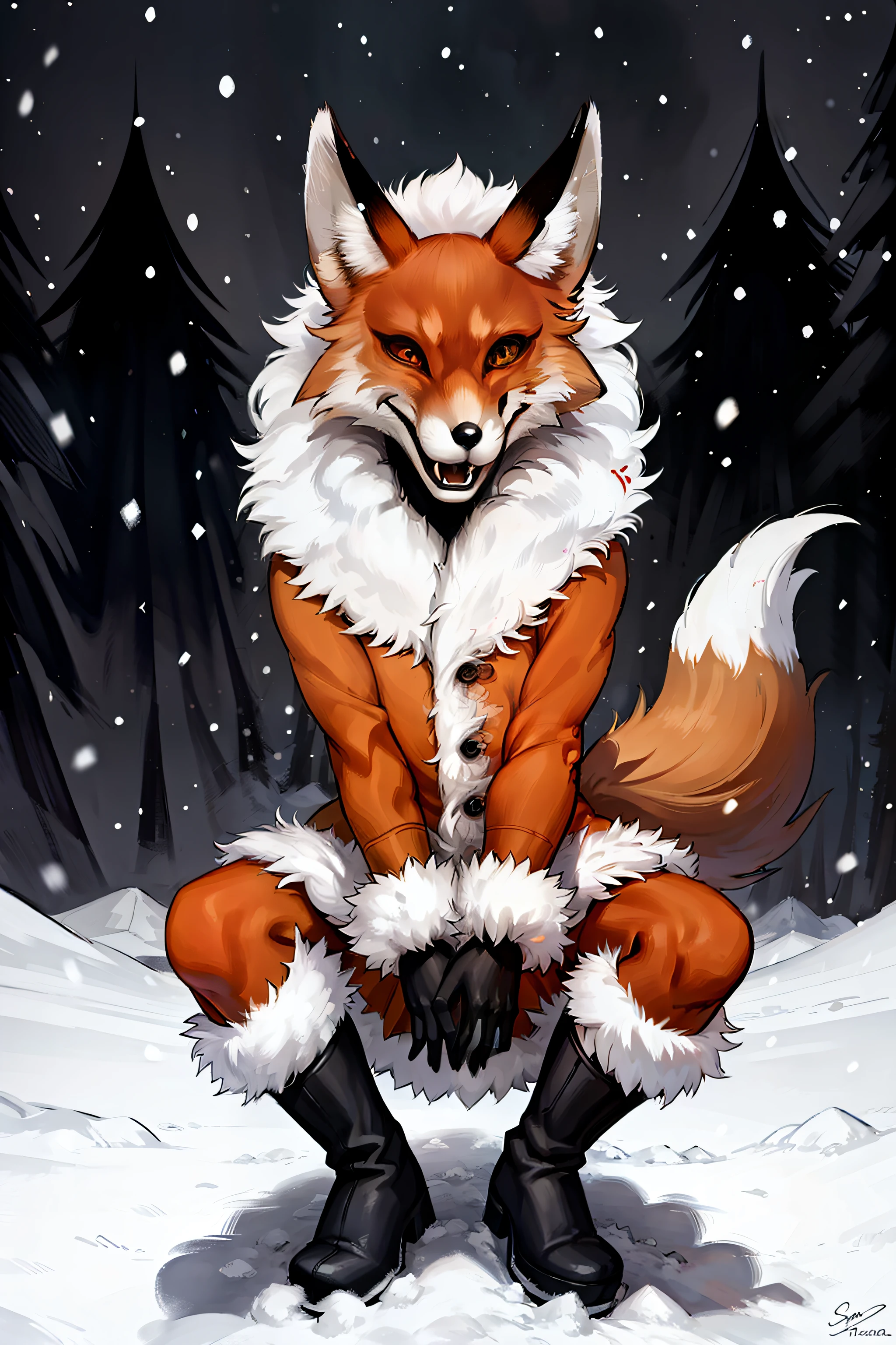 (tmasterpiece), 4k resolution, A highly detailed, (hiquality), HDR, 独奏, 1 animal, red fox, 25 years, ((Adult woman)), ((muscular)), pectoral muscles, 独奏, (Furry), ((furry female)), Animal nose, (Fox muzzle), A detailed eye, Yellow eyes, animal ears, Fox Girl, orange furr, Fox ears, The animal's ear is fluffy, Foxtail, Body fur, open mouth, ((Evil grin)), fangs, (Winter Top), (Winter short skirt ), fur collar, fur-trim, gloves, black gloves, (winter boots), looking a viewer, object \(The Great Red Moon\), Snow-covered forest in the background, night  sky, night time, snowing, Standing, hands on the belt, Legs Spread Out, Sat down,