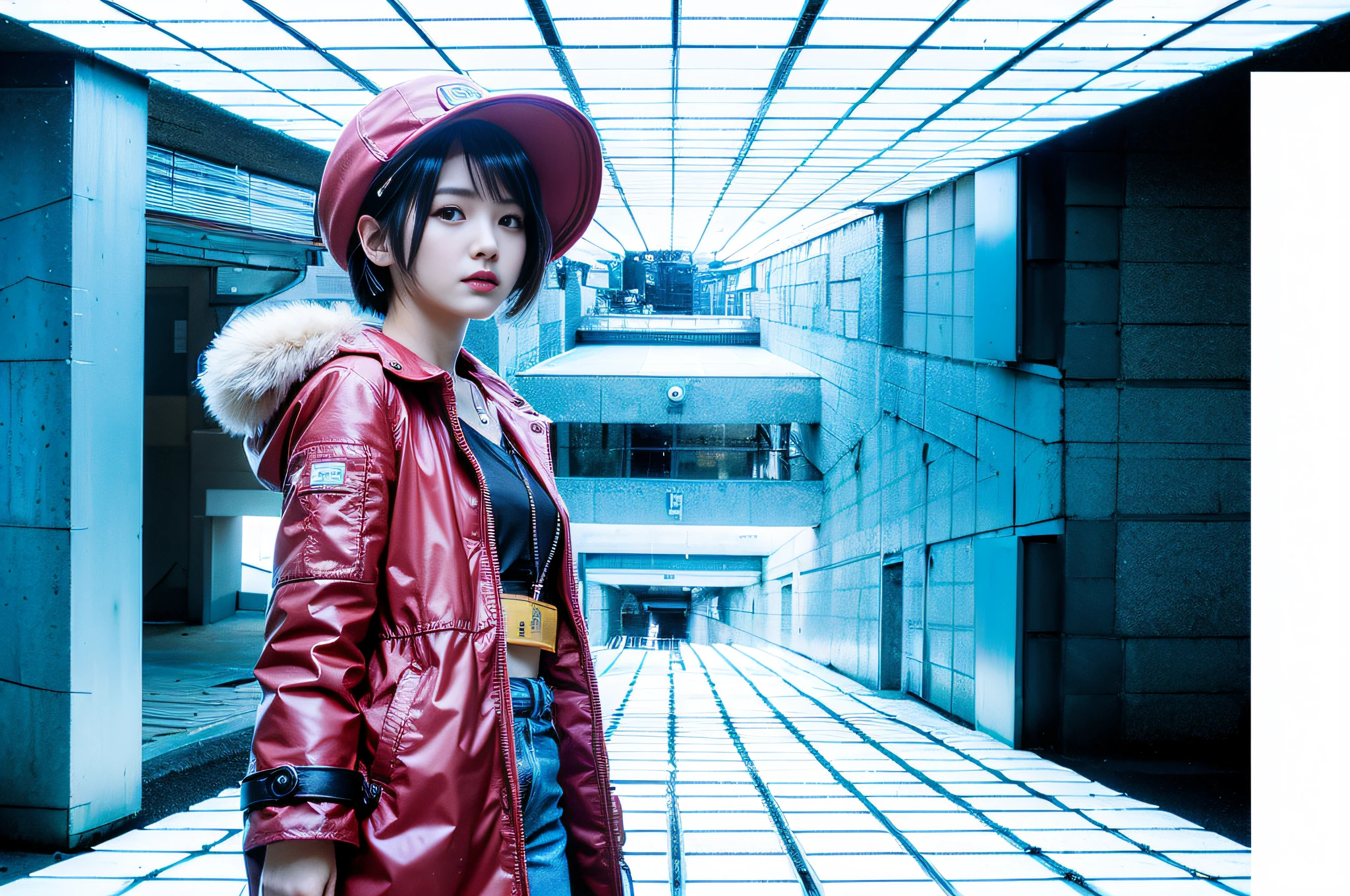 top-quality、a picture、(Photorealsitic:1.4)、(hyper realisitic:1.4)、(Cinematic:1.5)、Beautuful Women、25 only、japanes、short-hair、Red coat、(beautiful and delicate face)、High-quality eyes、Luminescent white walkway、Cities of the near future、cool light、Looking up、canon:24mm,