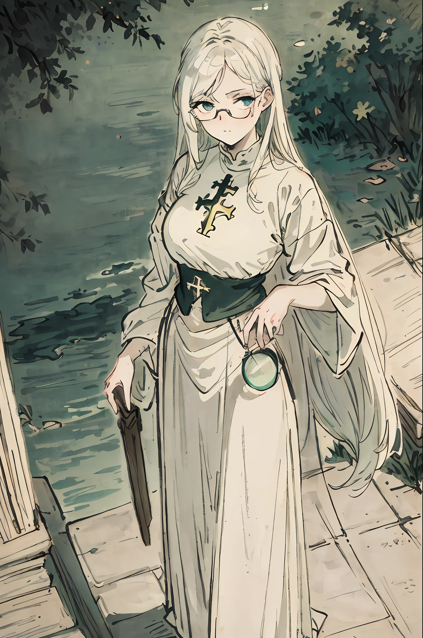 tmasterpiece,Need,The best beautiful girl,Extremely beautiful,World Masterpiece Theatre,super-fine,white color hair,ellegance,Medieval European environment,long skirt,Gentle green glasses,A little shy,crosses,Christian elements,Dark atmosphere