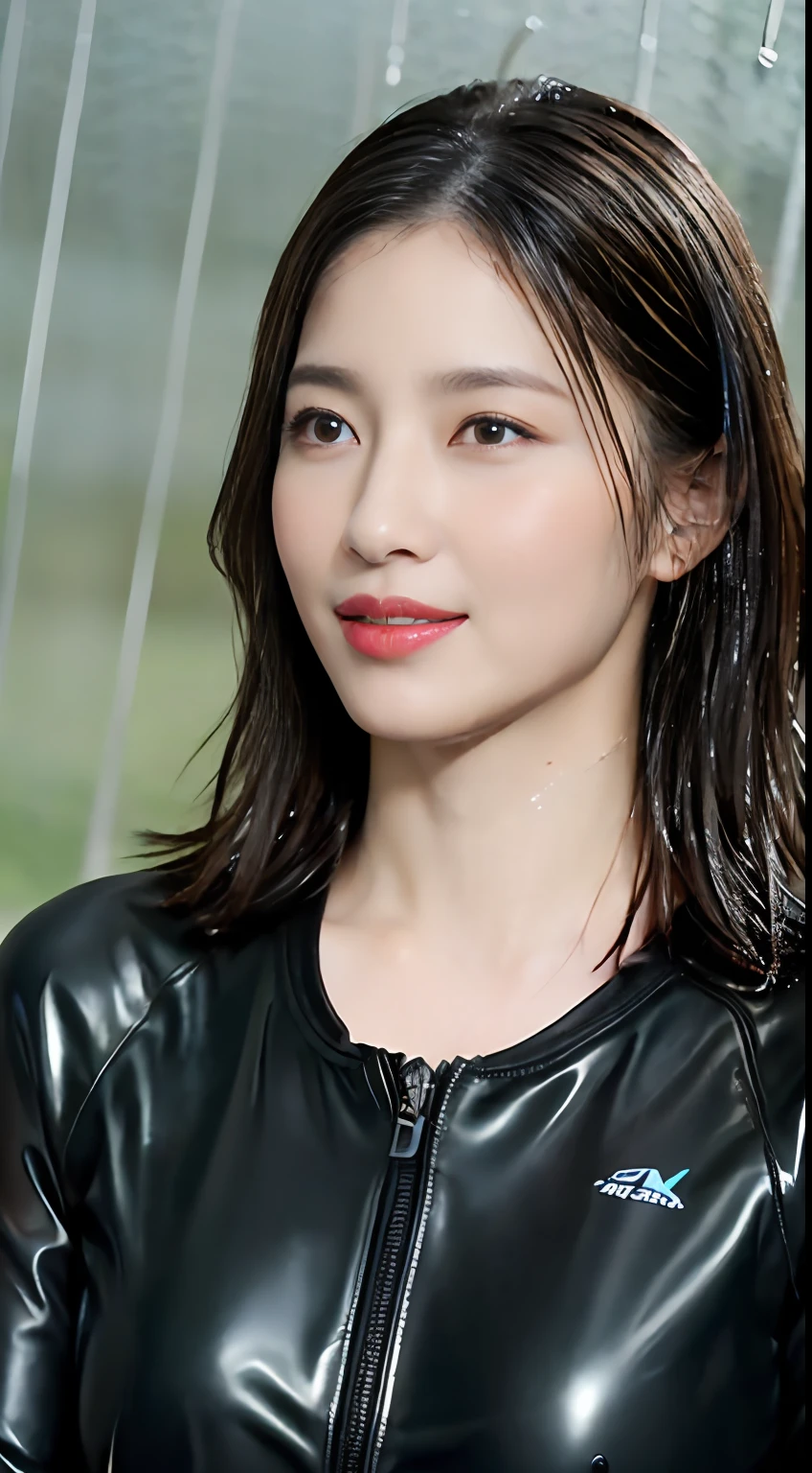 (top-quality、4K、masterpiece:1.3)、A Japanese Lady、1girl in、A sexy:1.1、dark brown hair:1.1、(rainy wet、wet from the rain、a wet body:1.3)、The sheen、ratex、wet suit、hyperdetailed face、Detailed lips、A detailed eye、Red Lipstick