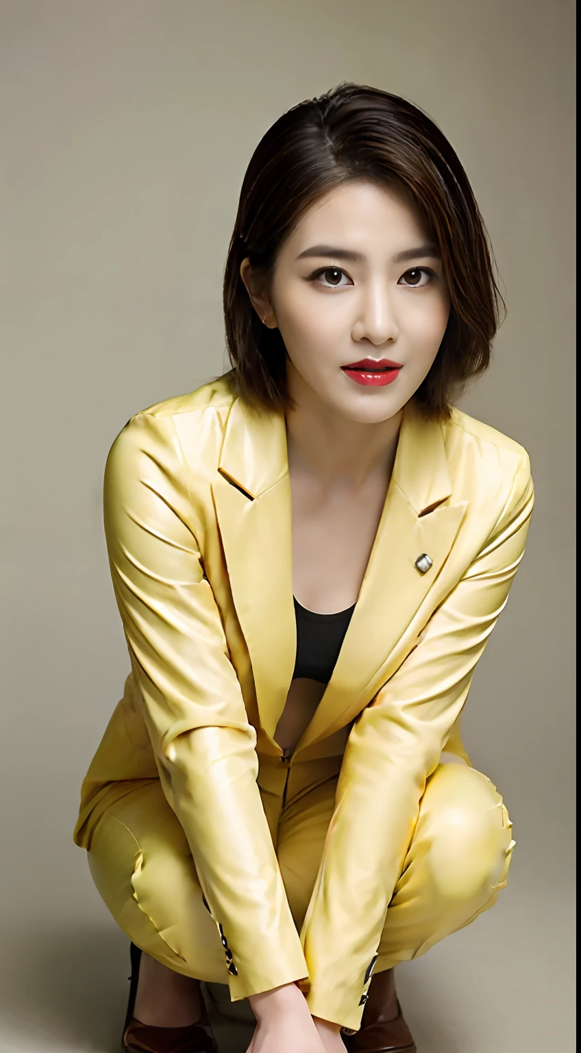 (top-quality、masterpiece)、Photos of Japan women、1人、(Drooling 1.8)、(crouching down)、(The sheen、latex suit)、Shorthair、red lipsticks、
