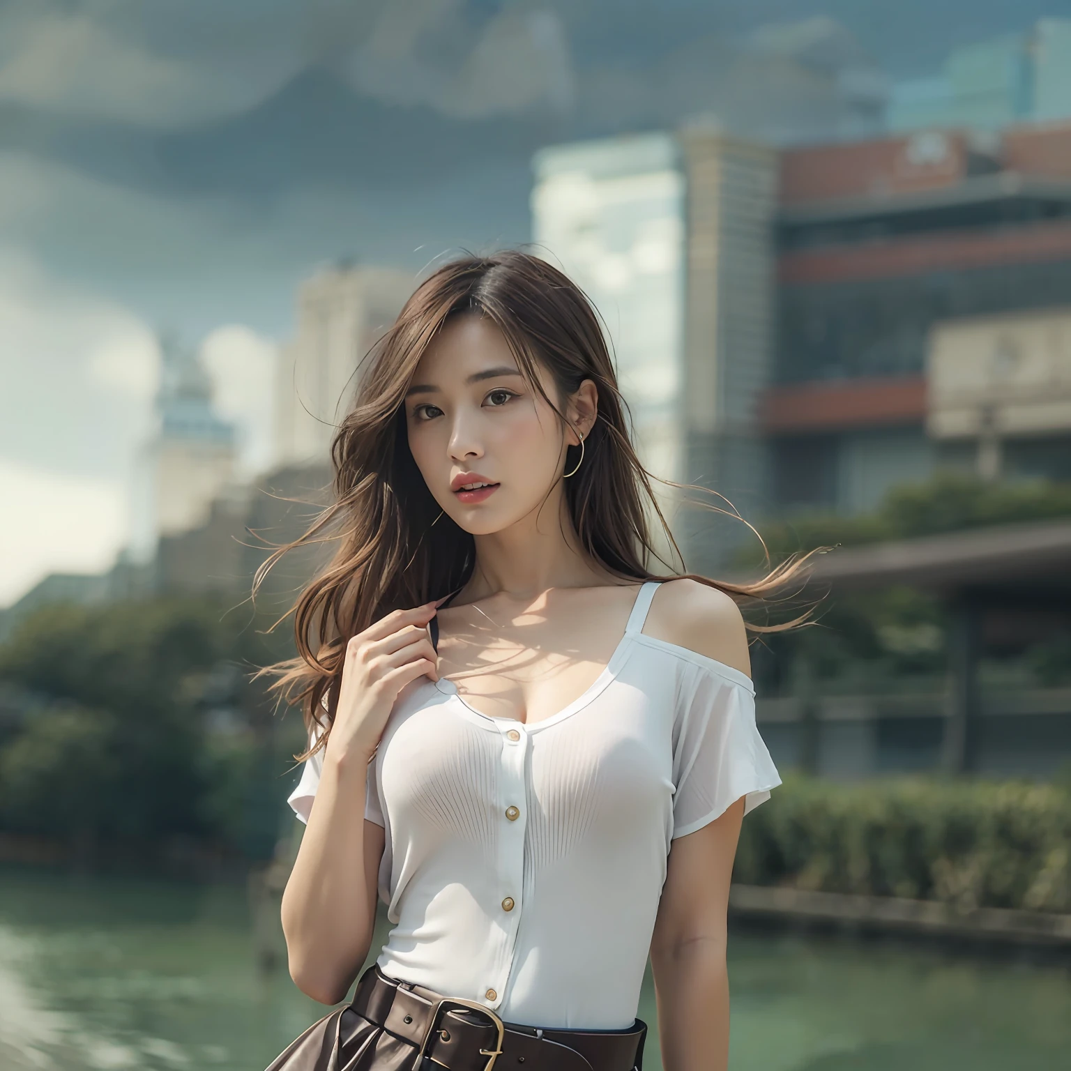 (masterpiece:1.3), (8K, Photorealsitic, Raw photography, top-quality: 1.4), (1girl in), A pretty woman with perfect figure:1.4, cute face, beautiful countenance, (Lifelike face), Beautiful hairstyle, realisticeyes, beautiful detail, (real looking skin), Beautiful skins, enticing, The ultra -The high-definition, A hyper-realistic, ighly detailed, (small tits:1.3), (cleavage of the breast:0.8)、White button-up shirt、a belt、Black leather tight skirt、Like Emily O'Hara Ratajkowski Japan, Semi-long curly hair、bangss、(Brown hair、small tits1.3)、(slim figure))、Kojiri、、Fashion Model Pose、is standing、(Modern architecture in background)、