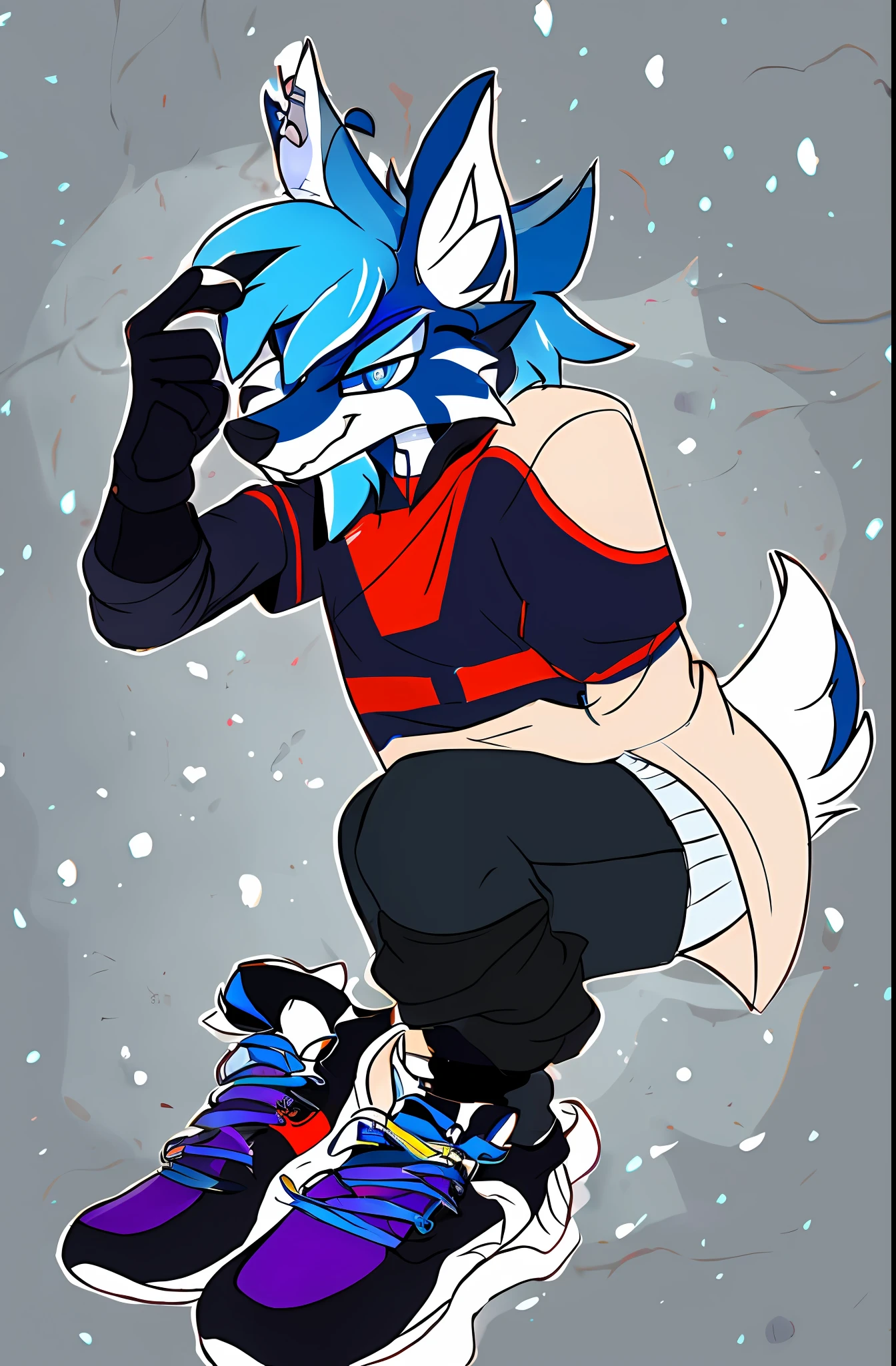 Blue wolf,Young Wolf,Male,Furry,Furry art,hairy pubic,High-quality drawing,High-quality image quality,4K,A masterpiece,Wallpapers,CG wallpaper,Sky blue eyes,A white shirt burst inside,Light coat,shorter pants,athletic sneakers,Simple style,greybackground,(tmasterpiece,best qualtiy,Hyper-detailing,Best shadow),hight contrast,(best illuminate,Extremely refined and beautiful),((cinematric light)),vibrant with colors,Hyper-detailing,Dramaticlight,complexdetails,dynamic angle,Color explosion,swirling black light around character,depth of fields,Black light particles,(brokenglass)、Magical Circle,Fantastic background,rendering by octane,Gorgeous facial features,美丽细致的眼睛,Complex fur,详细的脸,Perfect skin texture,Extreme detail,bodily fluids,cinmatic lighting,profesional lighting,at centre,looking at the camera in,8K,shooting with Hasselblad X1D-50,Maximum focal length,depth of fields,lighting perfect,light particules,(best qualtiy),(tmasterpiece),(Hyper-detailing)