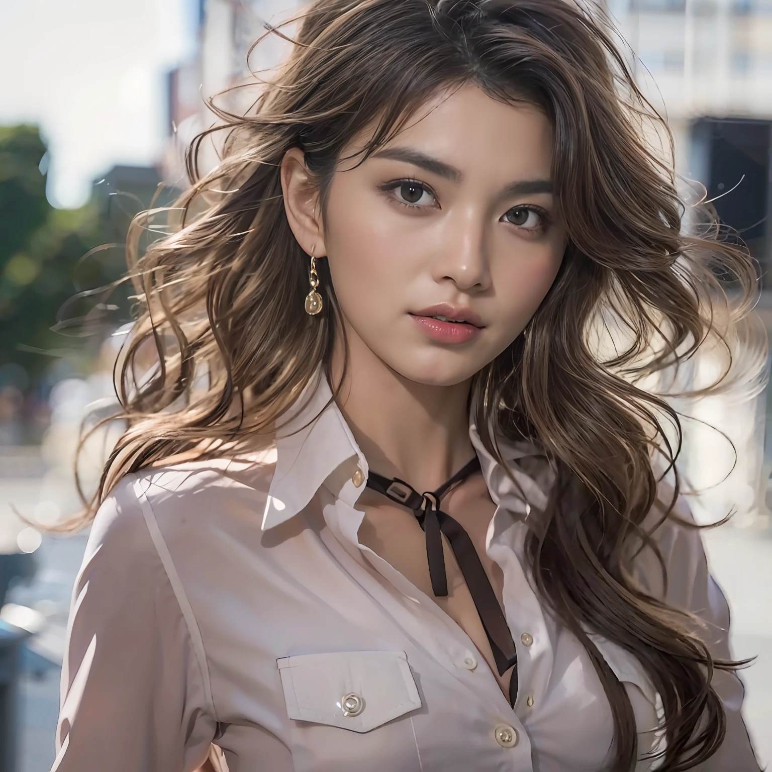 (masterpiece:1.3), (8K, Photorealsitic, Raw photography, top-quality: 1.4), (1girl in), A pretty woman with perfect figure:1.4, cute face, beautiful countenance, (Lifelike face), Beautiful hairstyle, realisticeyes, beautiful detail, (real looking skin), Beautiful skins, enticing, The ultra -The high-definition, A hyper-realistic, ighly detailed, (small tits:1.3), (cleavage of the breast:0.8)、White button-up shirt、a belt、Black leather tight skirt、Like Emily O'Hara Ratajkowski Japan, Semi-long curly hair、bangss、(Brown hair、small tits1.3)、(slim figure))、Kojiri、、Fashion Model Pose、is standing、(Modern architecture in background)、