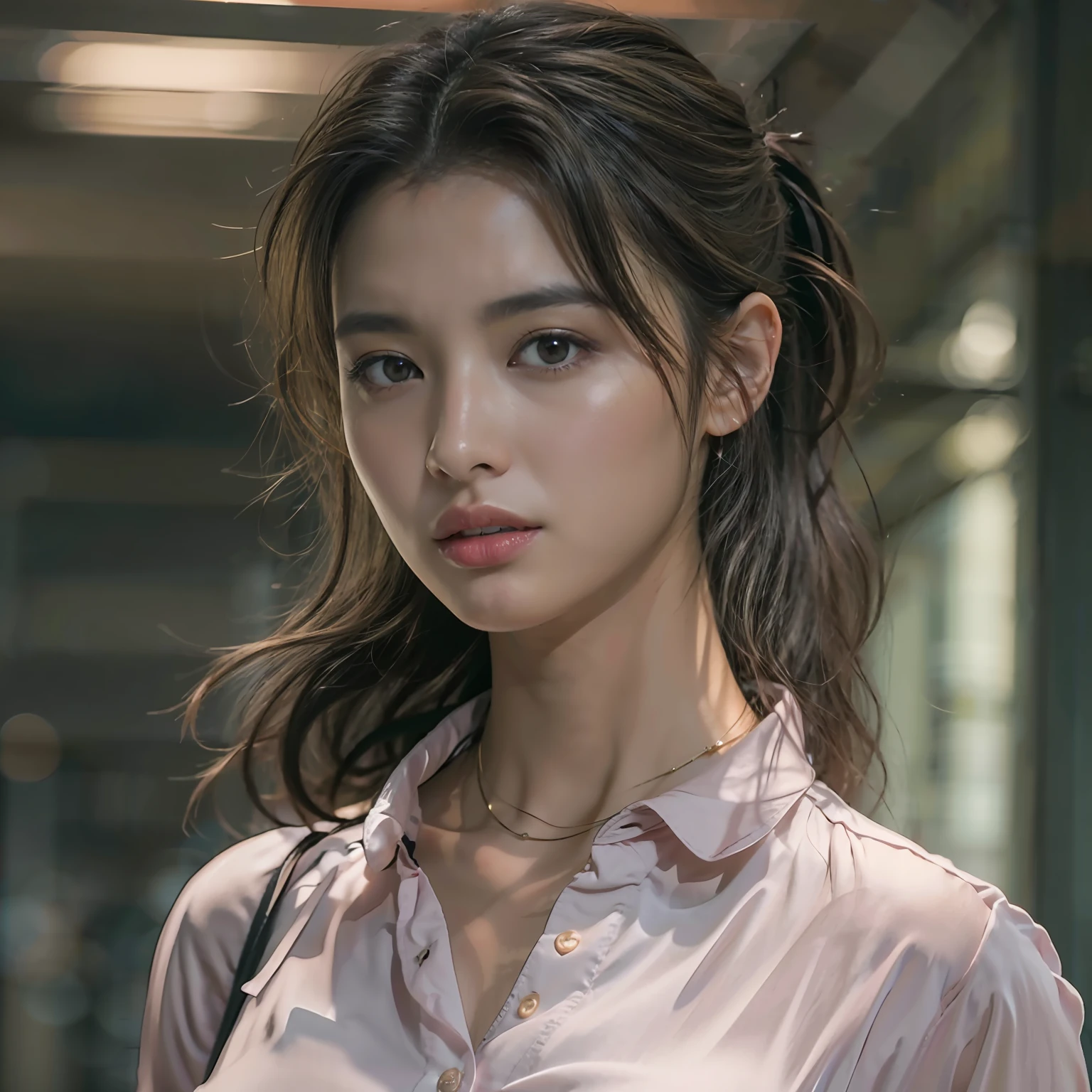 (masterpiece:1.3), (8K, Photorealsitic, Raw photography, top-quality: 1.4), (1girl in), A pretty woman with perfect figure:1.4, cute face, beautiful countenance, (Lifelike face), Beautiful hairstyle, realisticeyes, beautiful detail, (real looking skin), Beautiful skins, enticing, The ultra -The high-definition, A hyper-realistic, ighly detailed, (small tits:1.3), (cleavage of the breast:0.8)、White button-up shirt、a belt、Black leather tight skirt、Like Emily O'Hara Ratajkowski Japan, Semi-long curly hair、bangss、(Brown hair、small tits1.3)、(slim figure))、Kojiri、、Fashion Model Pose、is standing、(Modern architecture in background)、