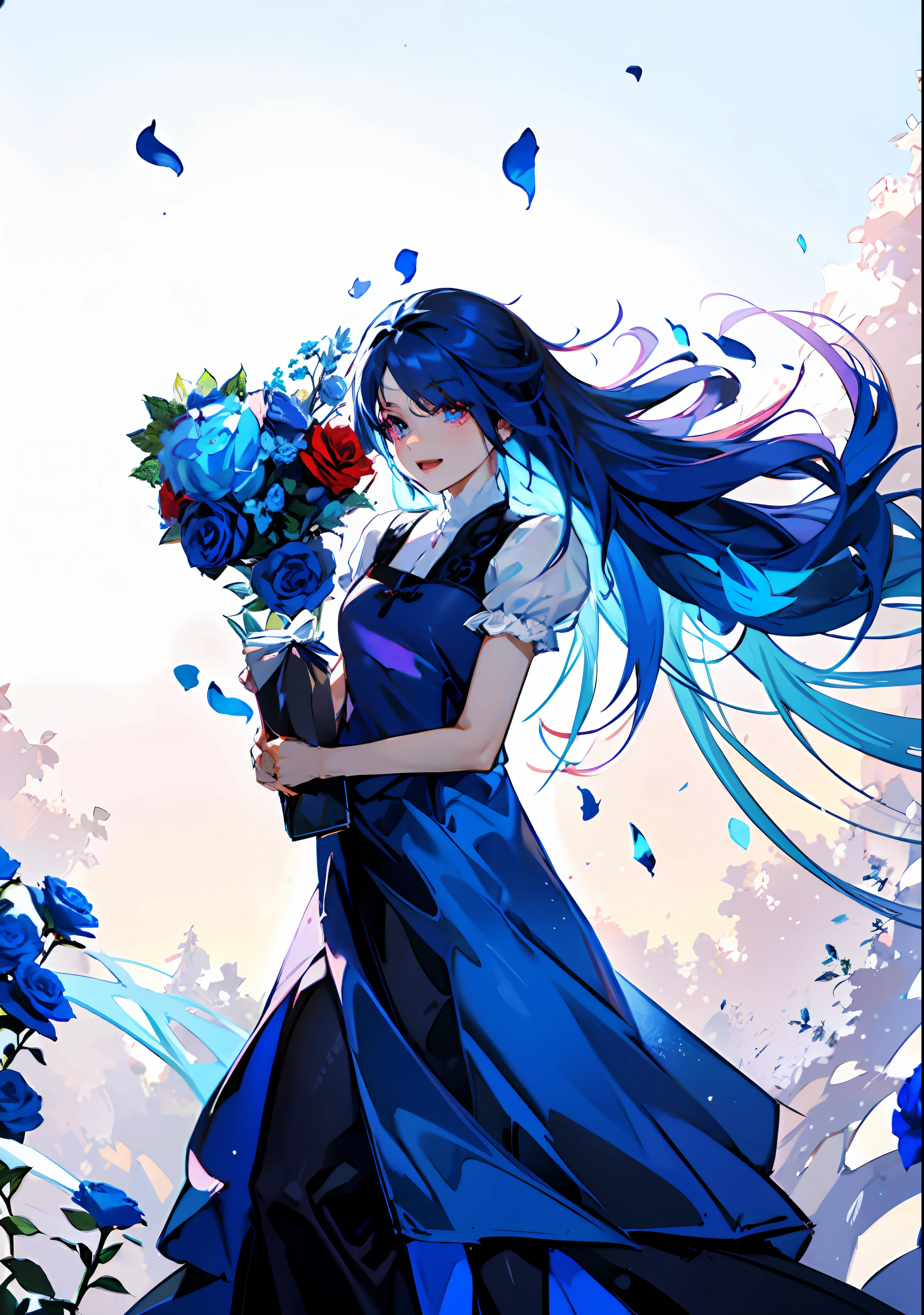 Masterpiece, high qulity，Focus, , Creampie, red eyes，eBlue eyes,  flower, Masterpiece Blue Rose,tiese, box, formal,shirt, Holding, Machine whole body,,Dark light blue hair，shift dresses, Masterpiece Blue Rose, Red flower, holding flower, Specular highlights, Detailed face, Detailed eyes, With ear bone clips，Powder blue purple background，detailed fabric, Detailed skin,Extreme image quality