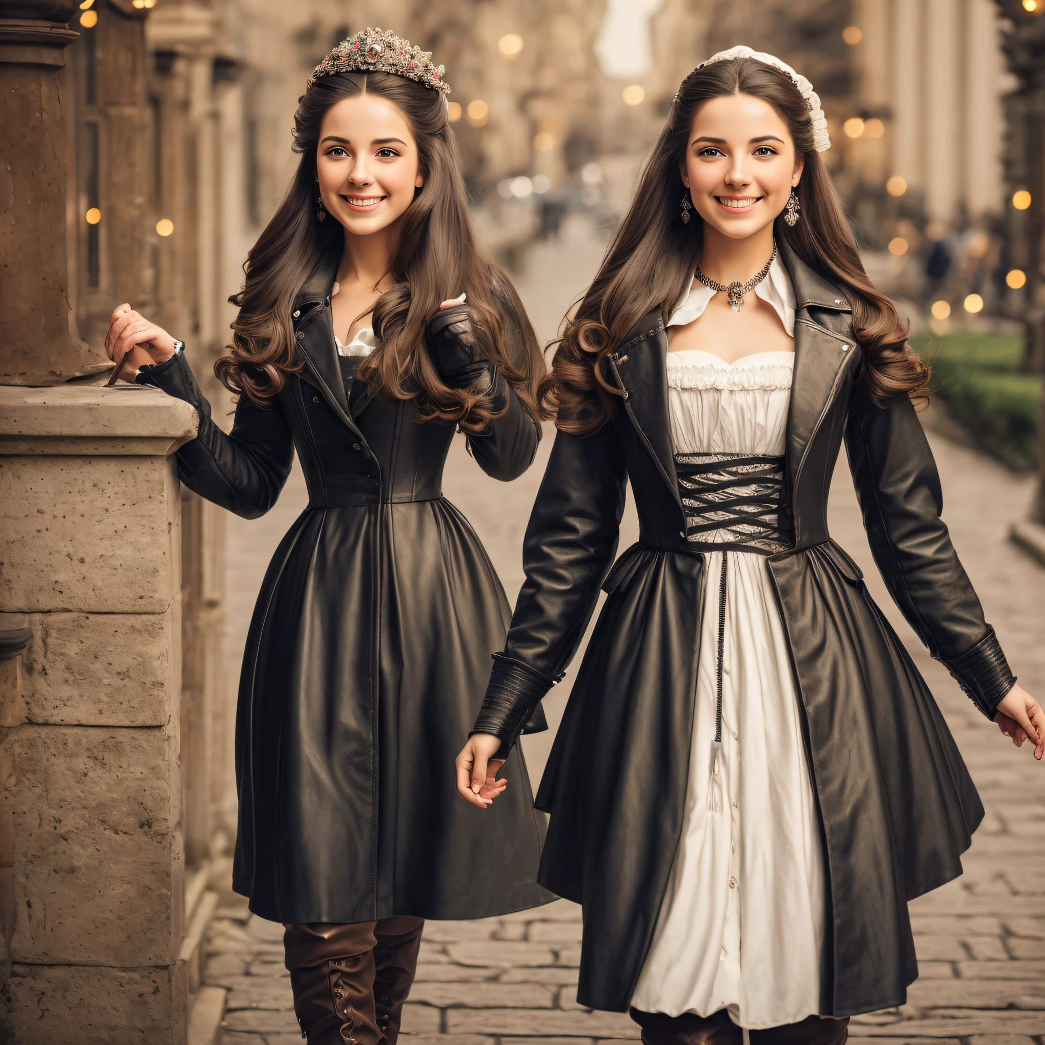 Portrait of a beautiful woman, smiling girl, with long hair, in a leather jacket, in heavy boots, Slim, in full height, in an 18th-century dress, in the style of Marie Antoinette, Night shooting in the city, bokeh, diffused light, Shutter Speed, foto realista, Detailed photo, Very joyful, Smiling, Birds are flying around, 4k, photo realism, soft light, ciberpunk --auto