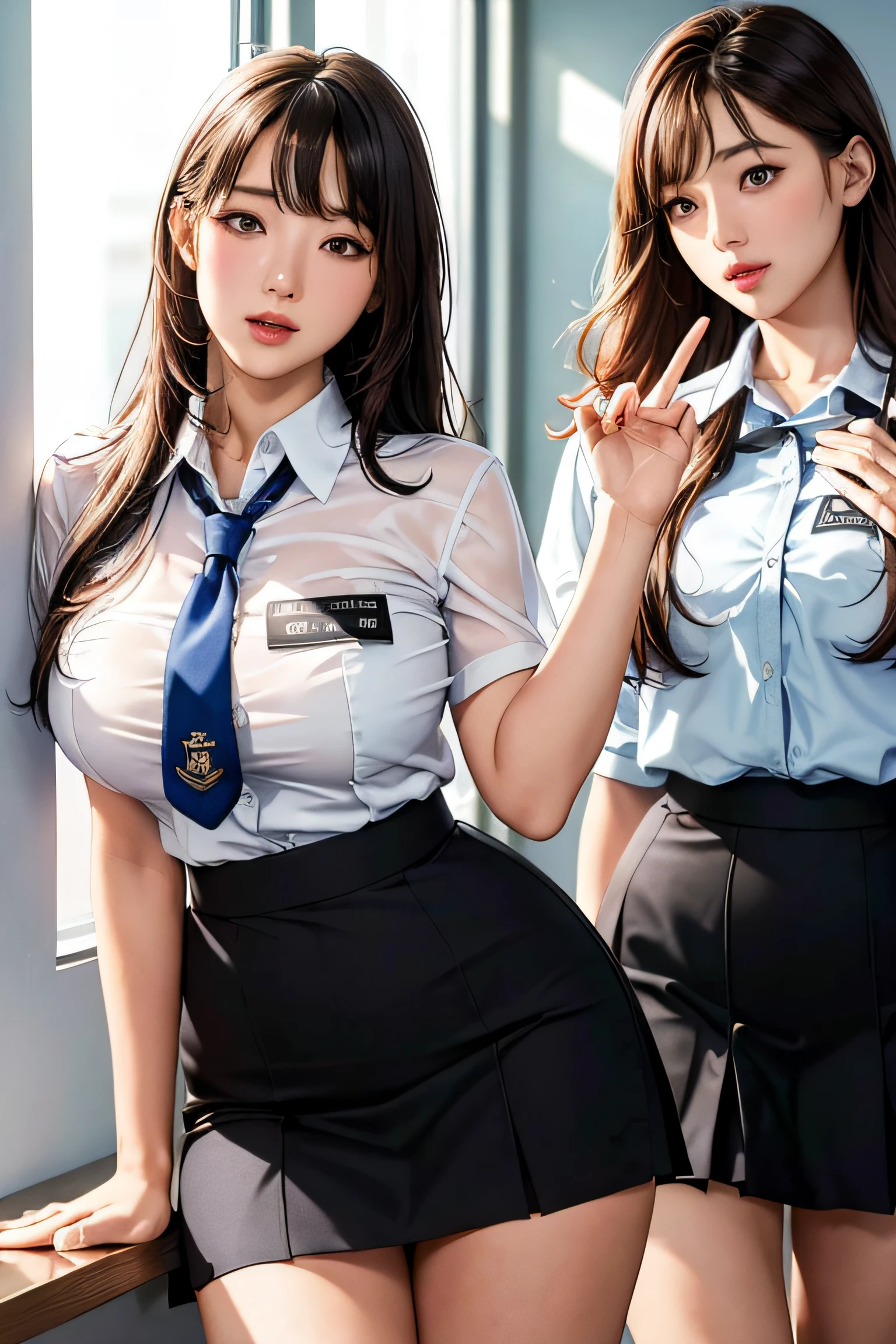 A Korean girl walks through the school,schools,white wall,Gray table, (((tmasterpiece))), ((best qualtiy)), ((intricately details)), ((ultra-realistic realism)), Ridiculous res, A MILF, Mature woman, ssee-through, highly detailed, illustratio, 1girll, ((Large breasts)), perfect hand, detailed finger, Beautiful detailed eyes, long whitr hair, with brown eye, name badge, CEO, (Korean school clothing:1.2), School blazer, School shirts, a skirt, Long school tie, 耳?????? Ring, detailedbackground, Bedrooms, perfect eyes, Seductive eye, looking at viewert, From the front