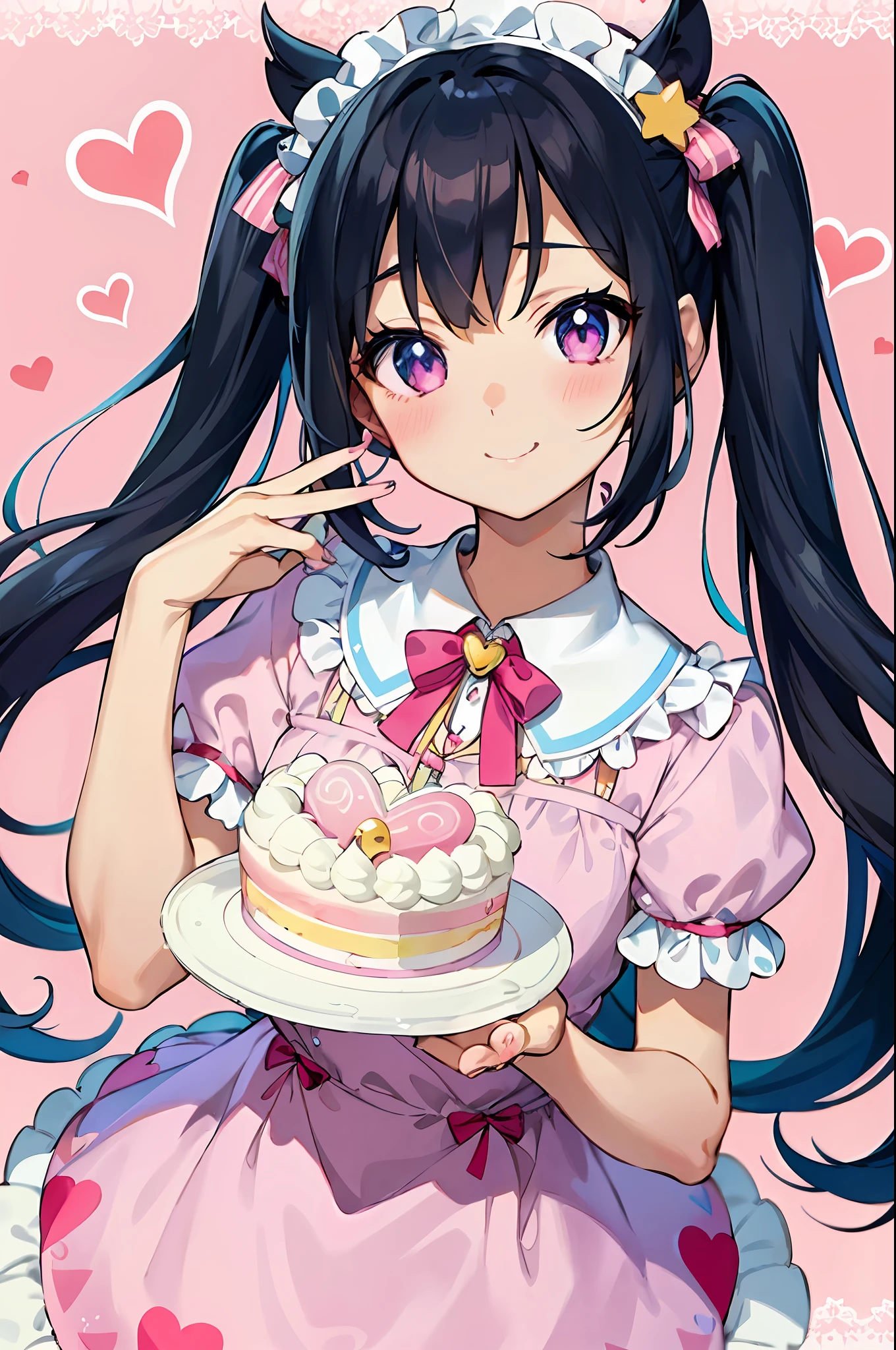 Holding a cake in hand、Anime girl with heart-shaped background, anime moe art style, Anime visuals of cute girls,Deformed、cartoon、 Cute anime girl, Detailed Digital Anime Art, splash art anime loli,anime style 4 k, pretty anime girl、Yume Cute、Sickly cute、fluffy hair