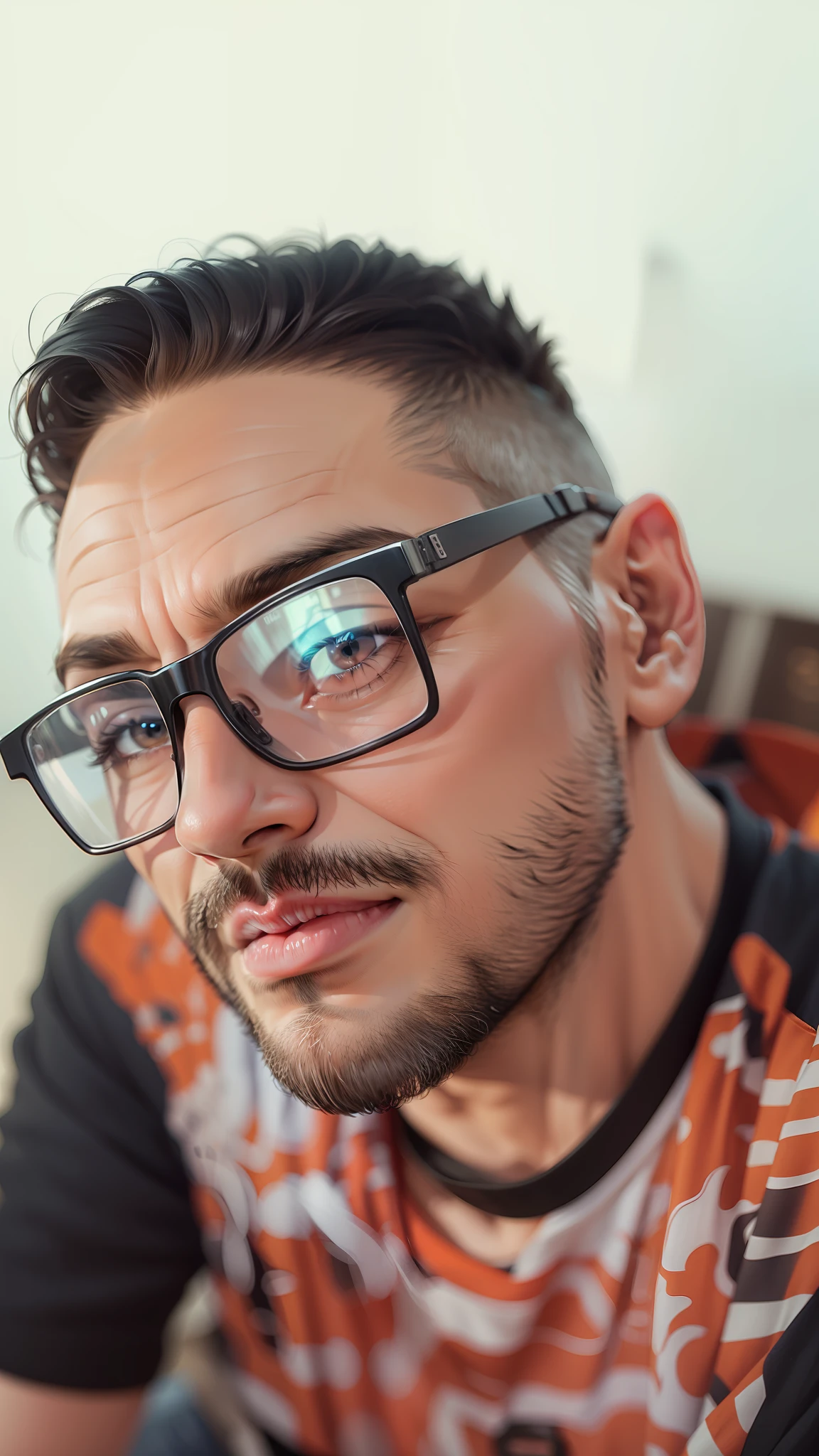 Um homem de 30 anos, black eyes and glasses.