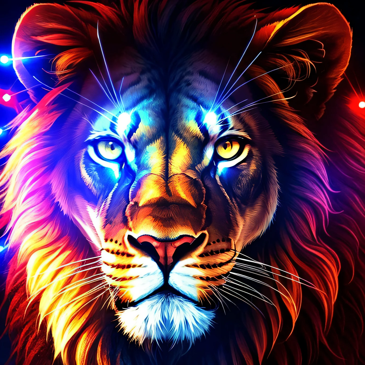 A high resolution Picture of a Head of Lion looking at viewer with ligths in the colour red, blue, yellow and purple --auto