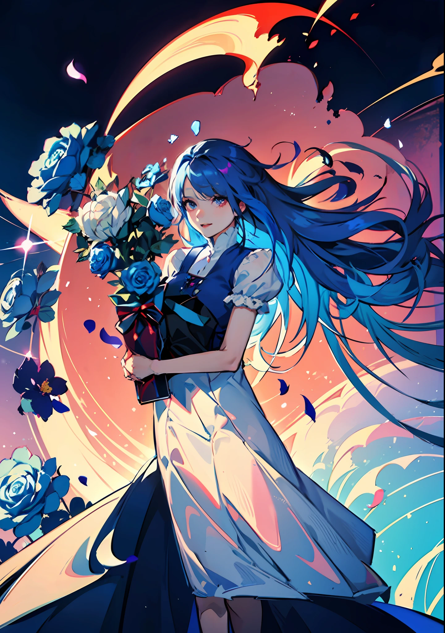 Masterpiece, high qulity,Focus, , Creampie, red eyes,eBlue eyes, flower, Masterpiece Blue Rose,tiese, box, formal,shirt, Holding, Machine whole body,,Dark light blue hair,shift dresses, Masterpiece Blue Rose, Red flower, holding flower, Specular highlights, Detailed face, Detailed eyes, With ear bone clips,Powder blue purple background,detailed fabric, Detailed skin,Extreme image quality