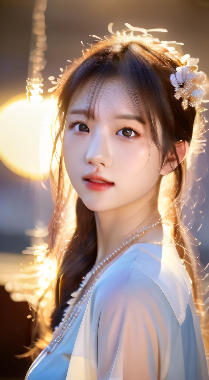 best quality, masterpiece, high_res, 1girl, hair ornament, necklace, jewelry, Beautiful face, upon body, tyndall effect, photo realistic, dark studio, rim lighting, two tone lighting, (high detailed skin:1.2), 8k uhd, dslr, soft lighting, high quality, volumetric lighting, candid, Photograph, high resolution, 4k, 8k, Bokeh, medium breasts, open fingers, (hair color:blonde:1)