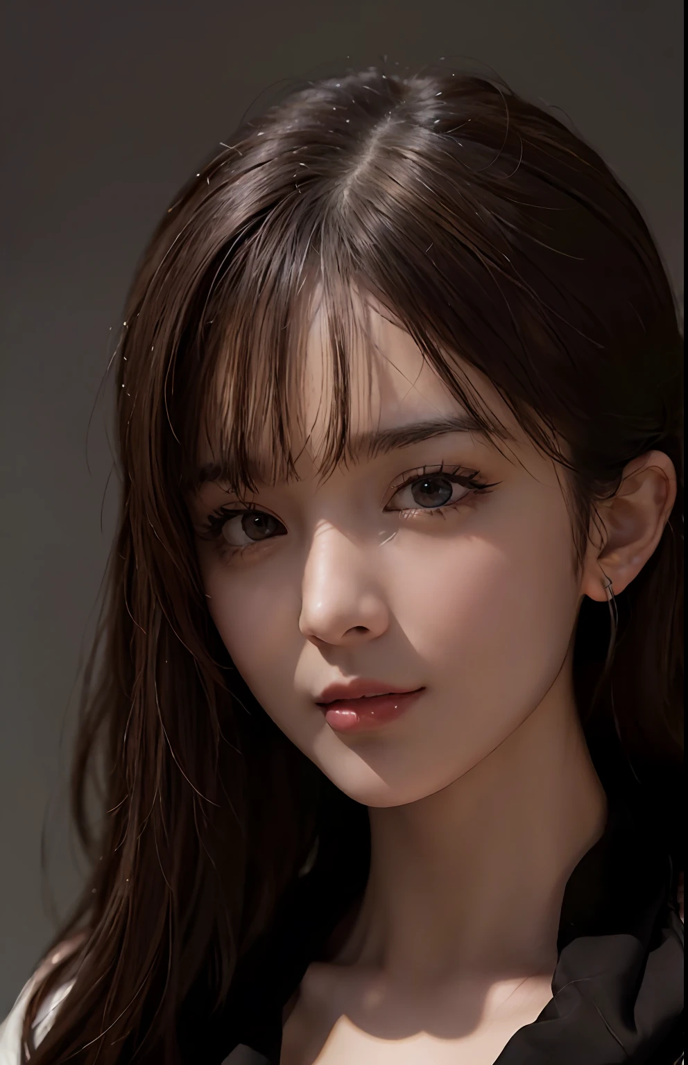 (Ultra Realistic), (Illustration), (High Resolution), (8K), (Very Detailed), (Best Illustration), (Beautiful and Detailed Eyes), (Best Quality), (Ultra Detailed), (Masterpiece), (Wallpaper), (Detailed Face), Solo, One Girl, Viewer, Fine Detail, Detailed Face, Dark Bar Counter, In the Dark, Deep Shadows, Low Key, pureerosfaceace_v1, Smile, Long Hair, Dark blonde shawl straight hair, bangs