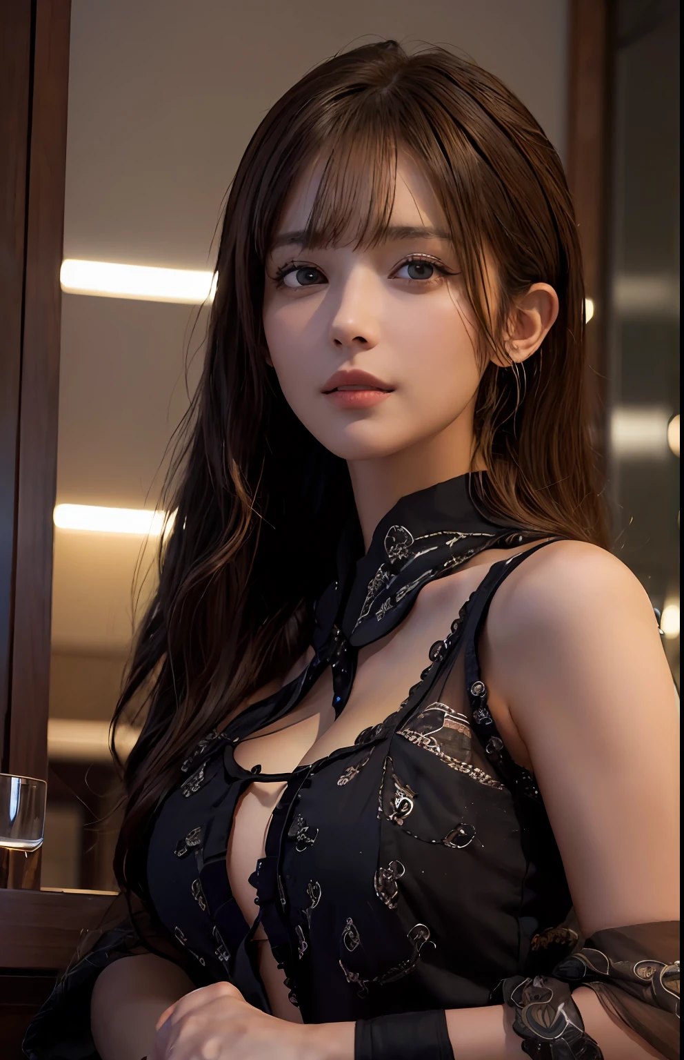 (Ultra Realistic), (Illustration), (High Resolution), (8K), (Very Detailed), (Best Illustration), (Beautiful and Detailed Eyes), (Best Quality), (Ultra Detailed), (Masterpiece), (Wallpaper), (Detailed Face), Solo, One Girl, Viewer, Fine Detail, Detailed Face, Dark Bar Counter, In the Dark, Deep Shadows, Low Key, pureerosfaceace_v1, Smile, Long Hair, Dark blonde shawl straight hair, bangs