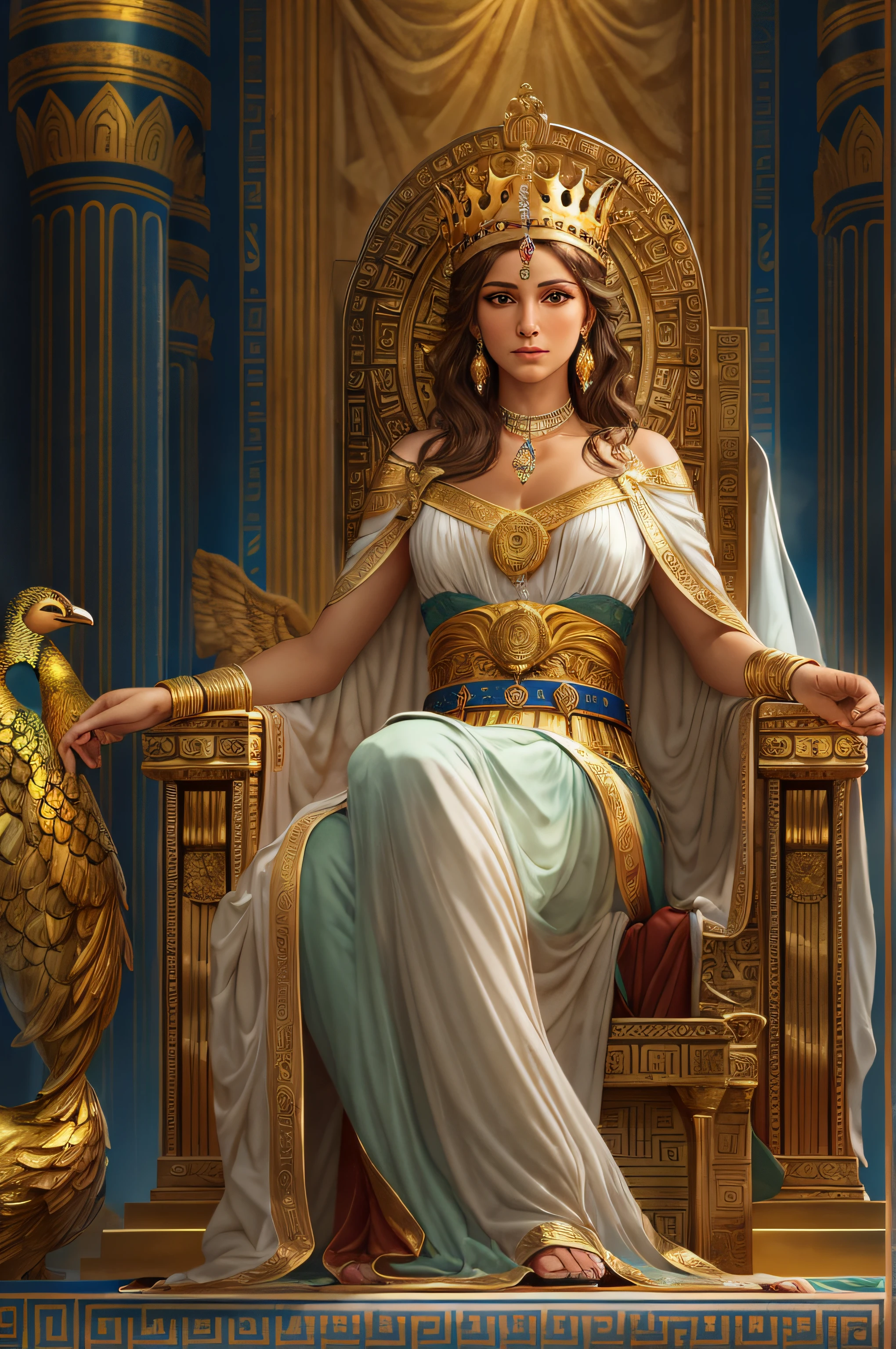 Queen goddess of olympians, with brown hair and brown eyes, is glossy-skinned, looks gorgeous and dignified, has high self-esteem, wears long blue greek toga with jeweled belt, puts on an golden crown, is sitting on golden throne, is commanding servants, Ancient greek palace, Peacocks, Greek mythology, splendid atmosphere, photorealistic, super high quality, super detail, description of ultra-accurate, precise hands, masterpiece, 8K, HDR