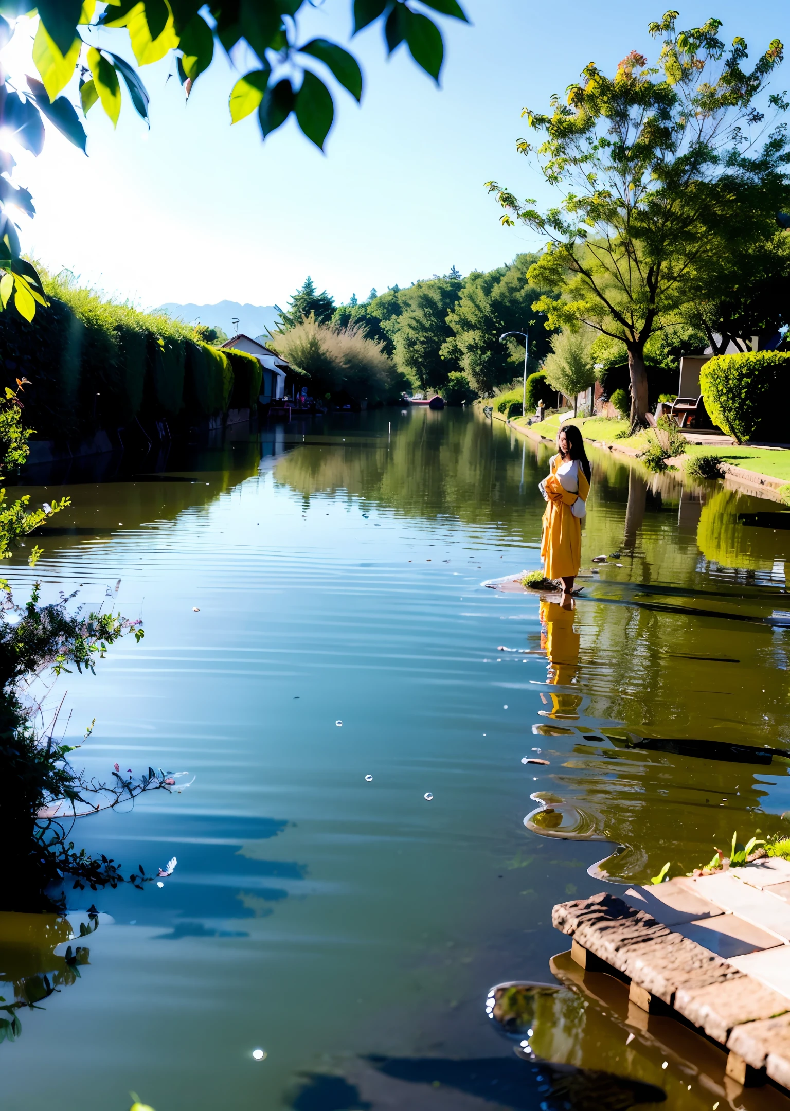 Beautiful people send rain and shine,The morning light reflects the green lake