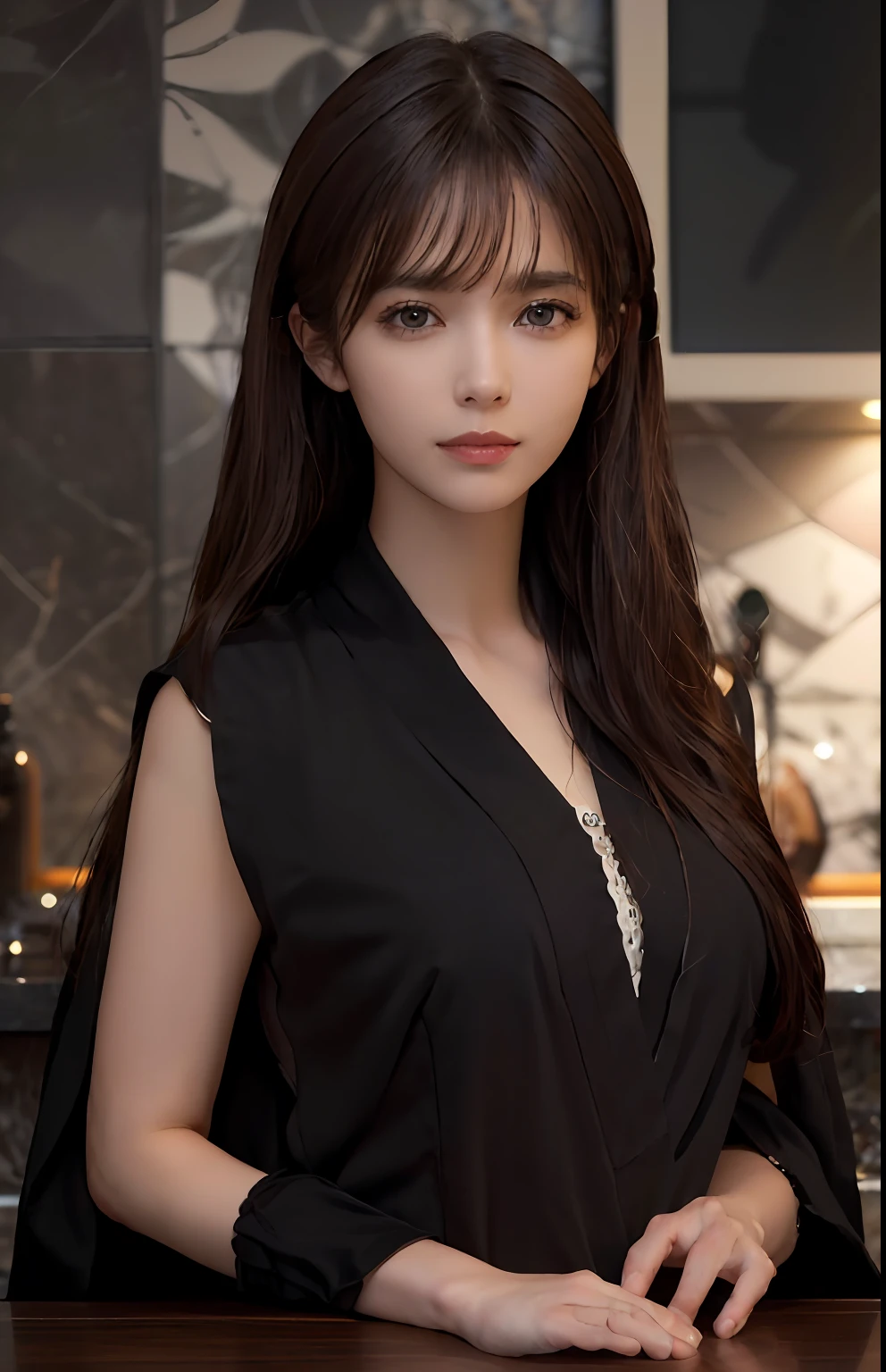 (Ultra Realistic), (Illustration), (High Resolution), (8K), (Very Detailed), (Best Illustration), (Beautiful and Detailed Eyes), (Best Quality), (Ultra Detailed), (Masterpiece), (Wallpaper), (Detailed Face), Solo, One Girl, Viewer, Fine Detail, Detailed Face, Dark Bar Counter, In the Dark, Deep Shadows, Low Key, pureerosfaceace_v1, Smile, Long Hair, Dark blonde shawl straight hair, bangs