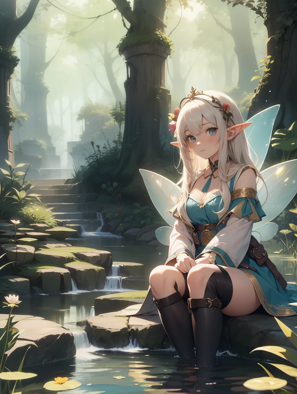 (best quality, masterpiece), 1girl, fairy, elf, looking at viewer, in water, pond,