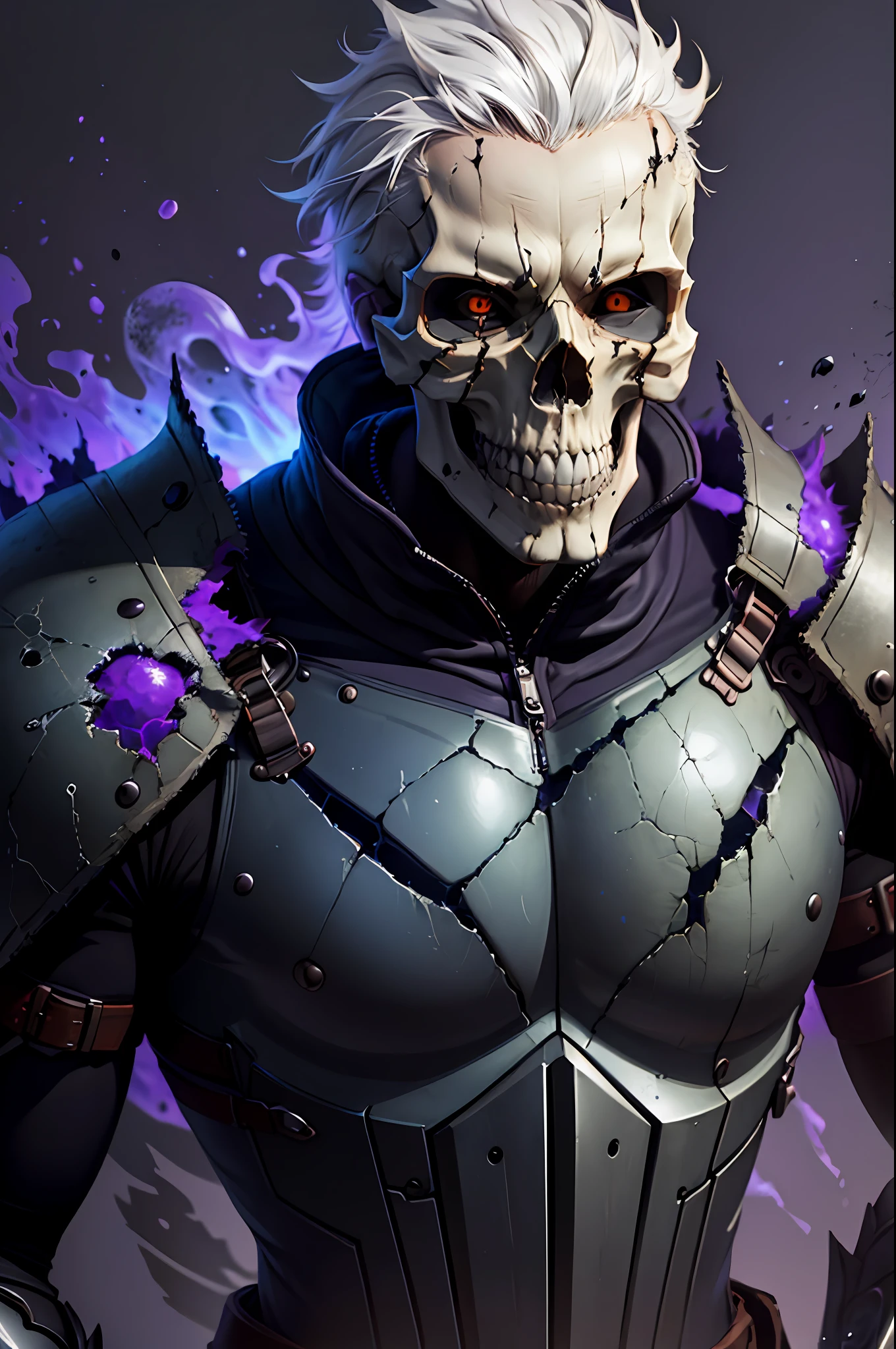 monochrome, grayscale, solo, 1boy, male focus, simple background, purple and black military beret, black background, upper body, looking at the viewer, (mask), facing the viewer, (((skull))), yellow eyes, (((black sclera)), purple technological clothing, heavy armor, crumpled skin, skin fragmentation, fragmented skin, crumpled skin, cracked skin, skin torn into pieces, ceramic style,