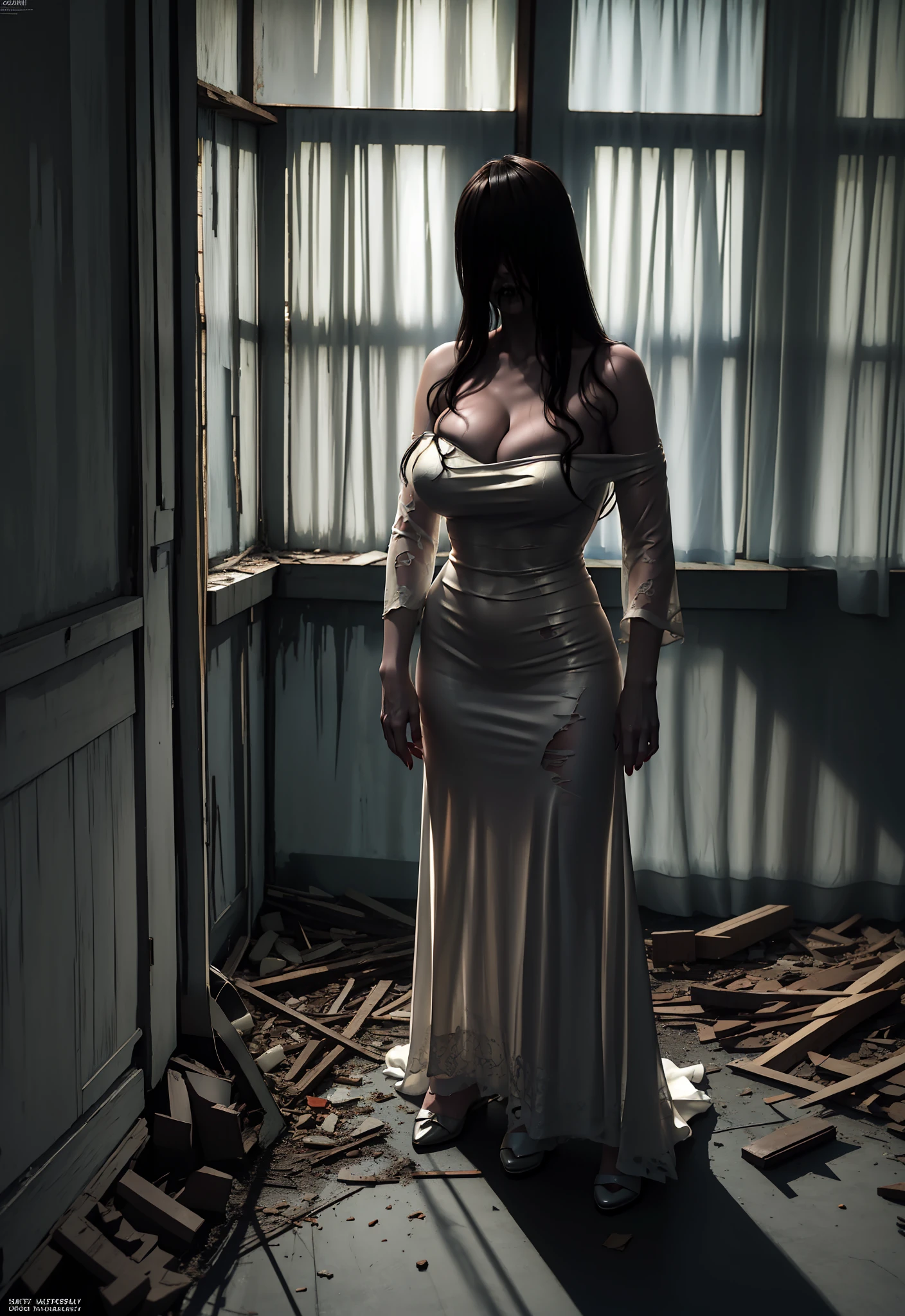 Realistic Japanese Horror movie taste picture, ((masterpiece)), (best quality), (absurdness quality), high resolution, 32k, (photorealistic:1.4), black hair, hyper realistic photo of Yamamura_Sadako, ((torn, strapless, white dress)), (grey skin), long hair over eyes, eyes covered, hidden face by long hair, ((spooky, messy abandoned house)), dark atmosphere, ultra huge cleavages exposed from dress, full body shot, entire room view, skinny body style,