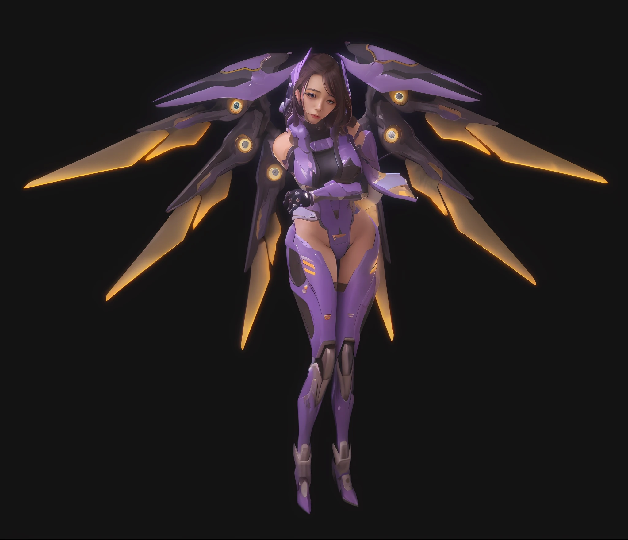 A hyper-realistic、ultra-detailliert、top-quality、hight resolution、Close up portrait of woman posing with cheek cane in purple and gold costume, mech wings, mechanized valkyrie girl, biomechanical oppai, overwatch skin, female mech, Overwatch Design, from overwatch, Girl in Mecha Cyber Armor, irelia, cushart krenz, cushart, Chiho Aoshima's color scheme, cushart kenz