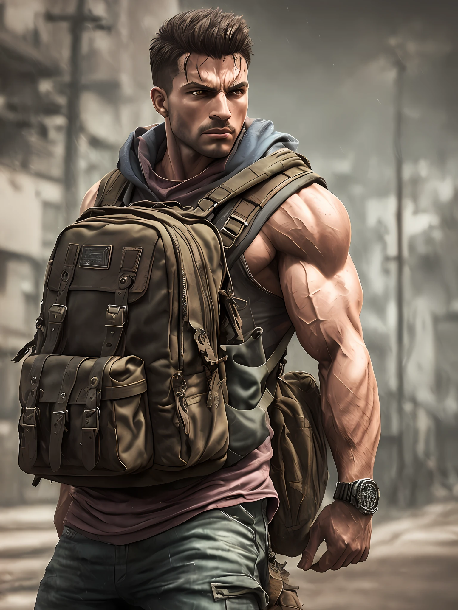 strong muscular man, street angry, backpack, epic realistic, photo, faded, complex stuff around, intricate background, soaking wet, neutral colors, ((((hdr)))), ((((muted colors)))), intricate scene, artstation, intricate details, vignette