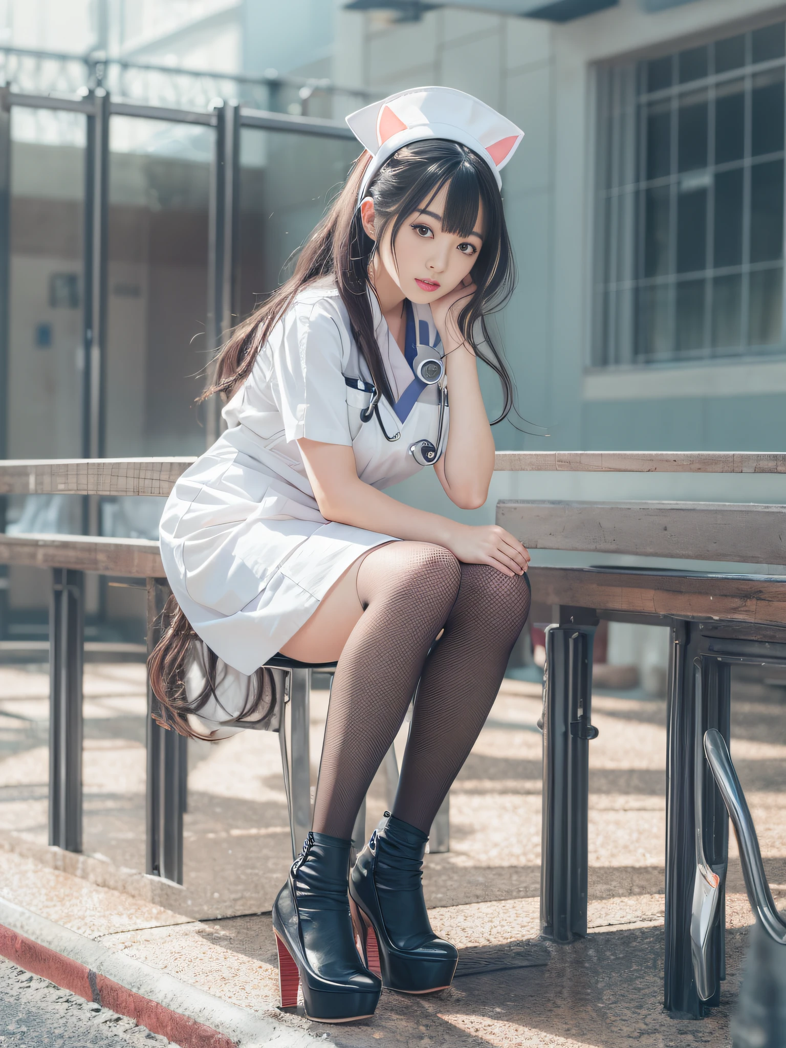 Woman in white stockings and heels,young and cute girl, wearing in stocking,Sexy Girl, Lovely woman, pantyhose, 8K,top-quality、超A high resolution、女の子1人、(huge-breasted:1.2)、, Long black hair, nurse,a miniskirt,The chest of the clothes is open, Wearing Usa Ears,Photo, hospitals,japanes,独奏,Beautiful expression,all-fours,Both knees are on the ground and buttocks are sticking out,Embarrassed look,Troubled look,cheeks light pink,A bit like Suzu Hirose,Realistic depiction,Hanging a stethoscope from the neck