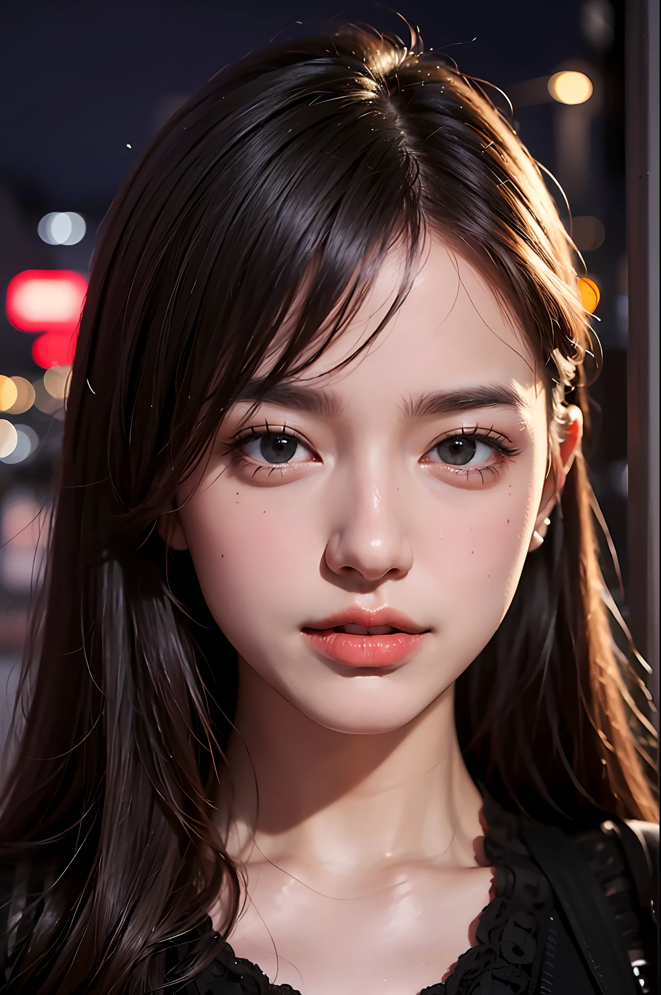 1girl, Tokyo street,night, cityscape,city lights, upper body,close-up, 8k, RAW photo, best quality, masterpiece,realistic, photo-realistic,