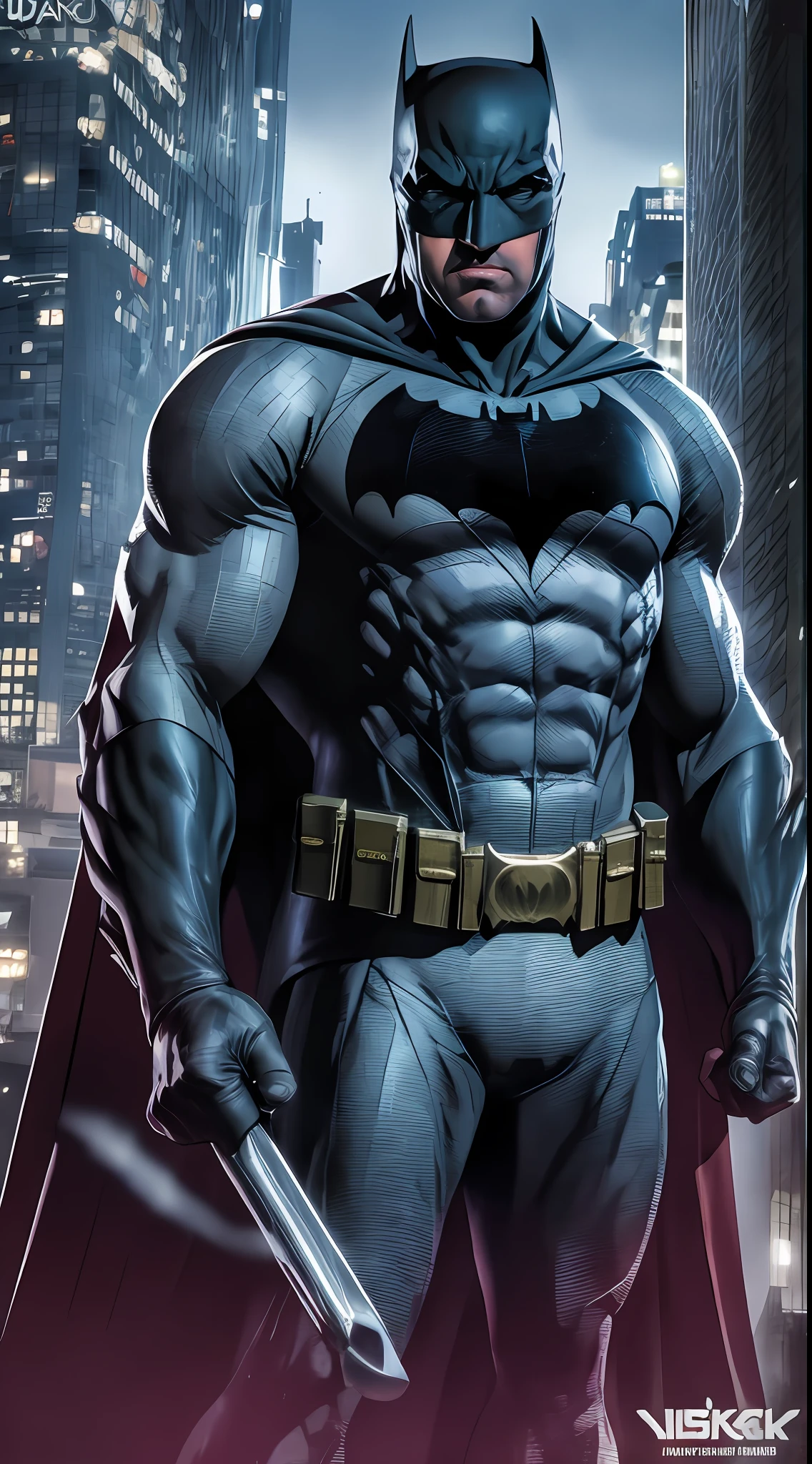 1 man, solo, Ben Affleck as Batman, tall, hunk, musular, bulk, wide shoulder, photorealism, dark dirty grey suit, black gloves, best quality, masterpiece, high resolution:1.2, black cape, high detailed mask, high detailed suit, high detailed face, award winning, night time, skycrapers in the background