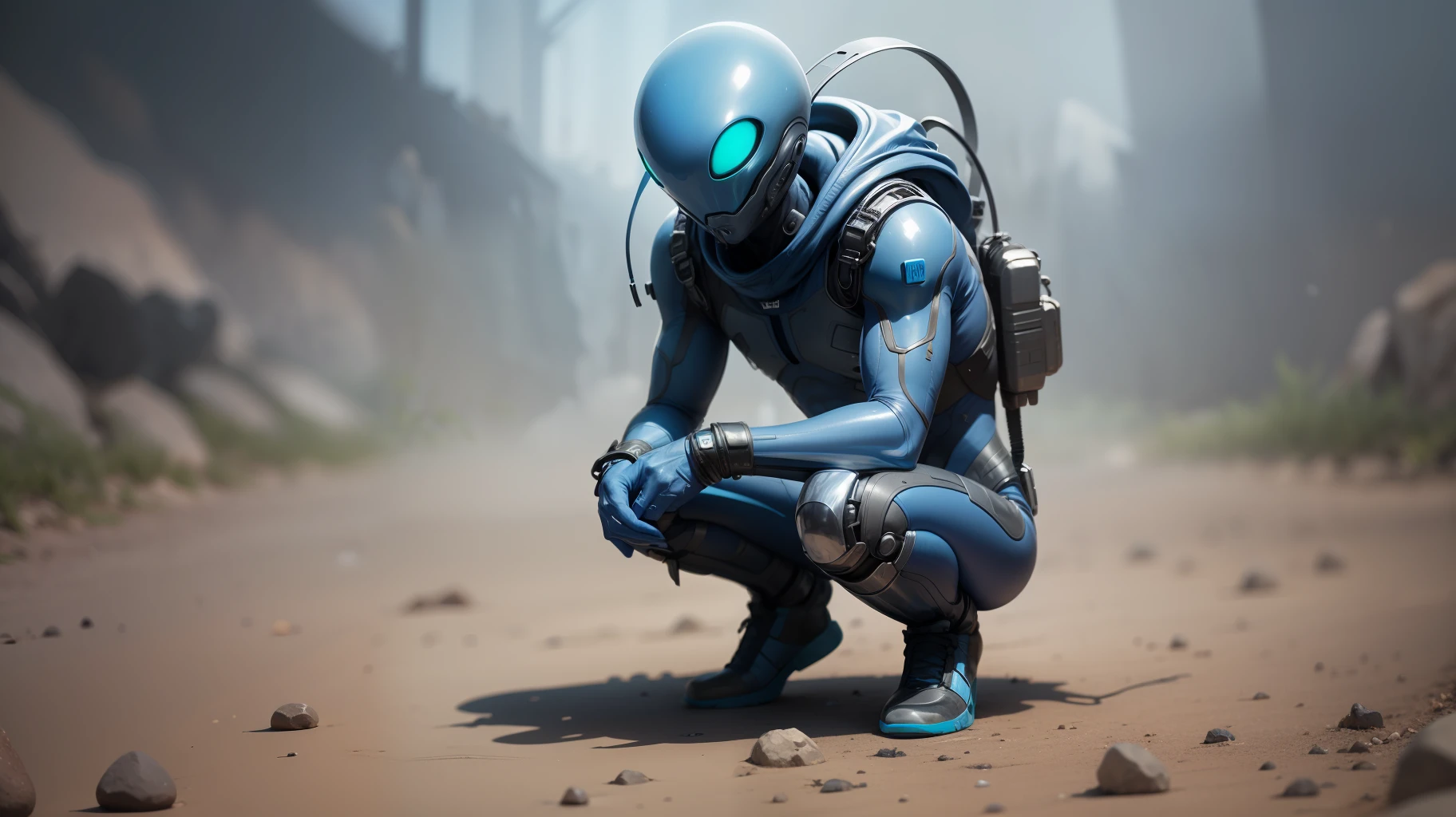 Blue human like alien surrendering on his knees.