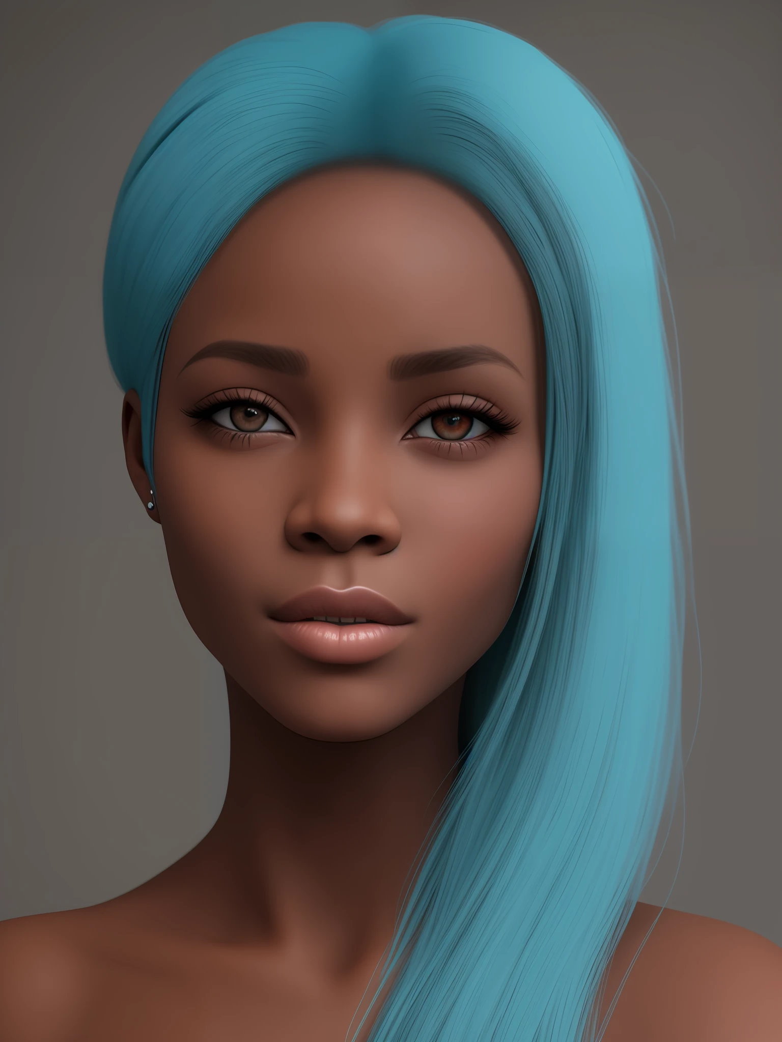 Realistic cute seductive African female, 8K, Cyan Eyes, Cyan hair