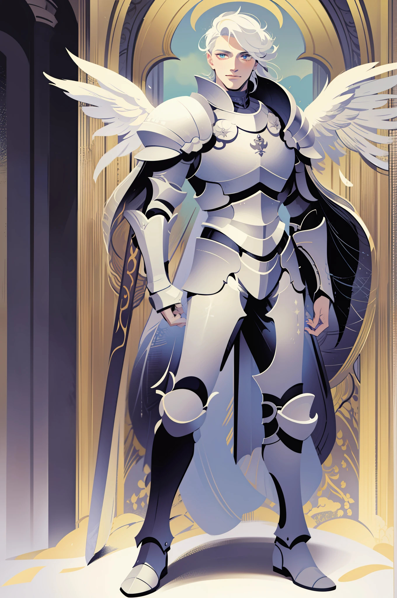 knight, young men, sword holding , schield holding, angel, silver hair, blue eyes, portrait, 1character, full body muscular male, boots