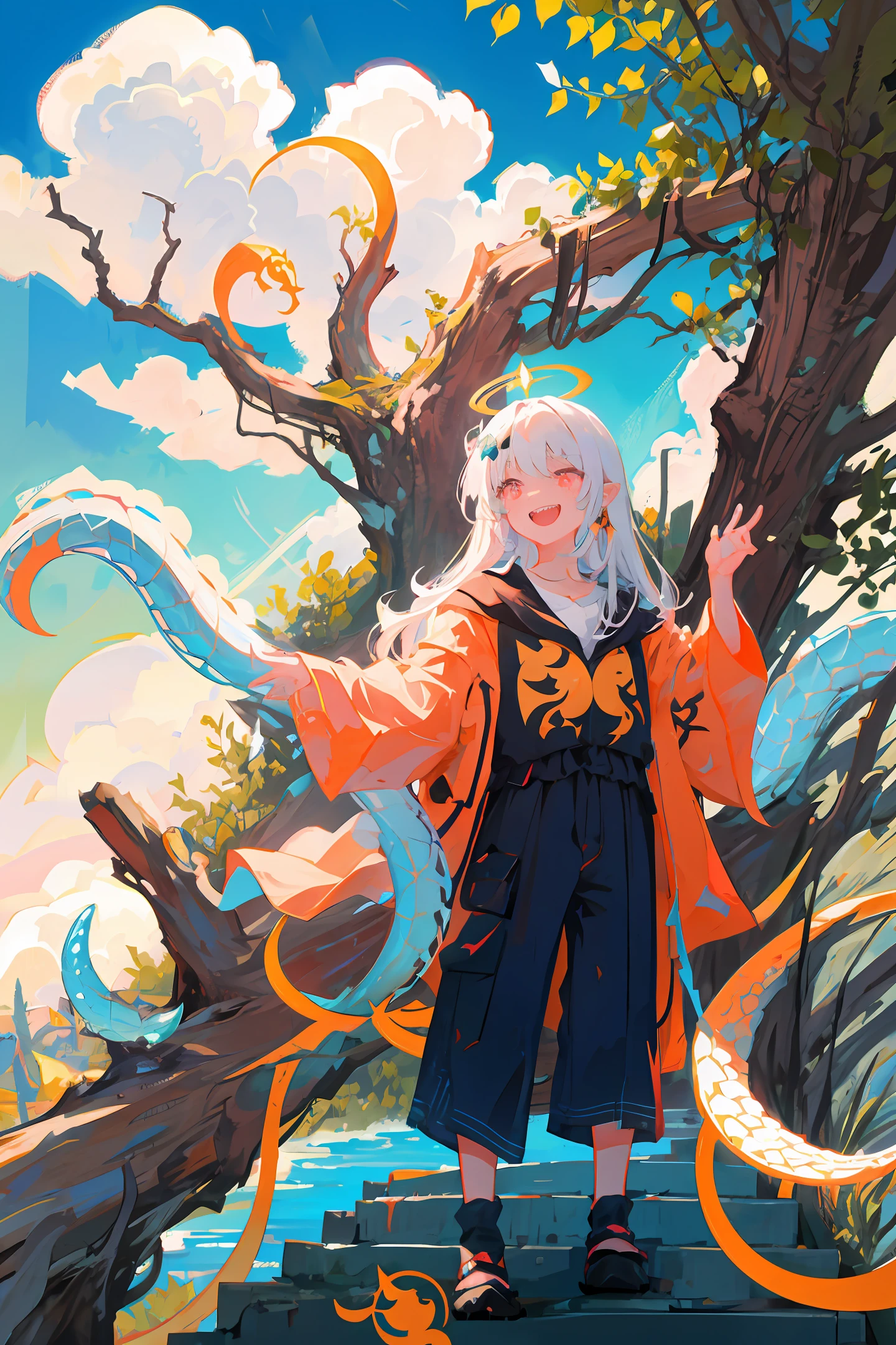 Top quality, Masterpiece, 超高分辨率, (Long: 1.2), Snakes of nine colors, sky, Outdoor, Clouds, Sun, Mountain, Open mouth, Blue sky, teeth, scales, Sharp teeth, Shine, poison fangs, tree, Glowing eyes, landscape