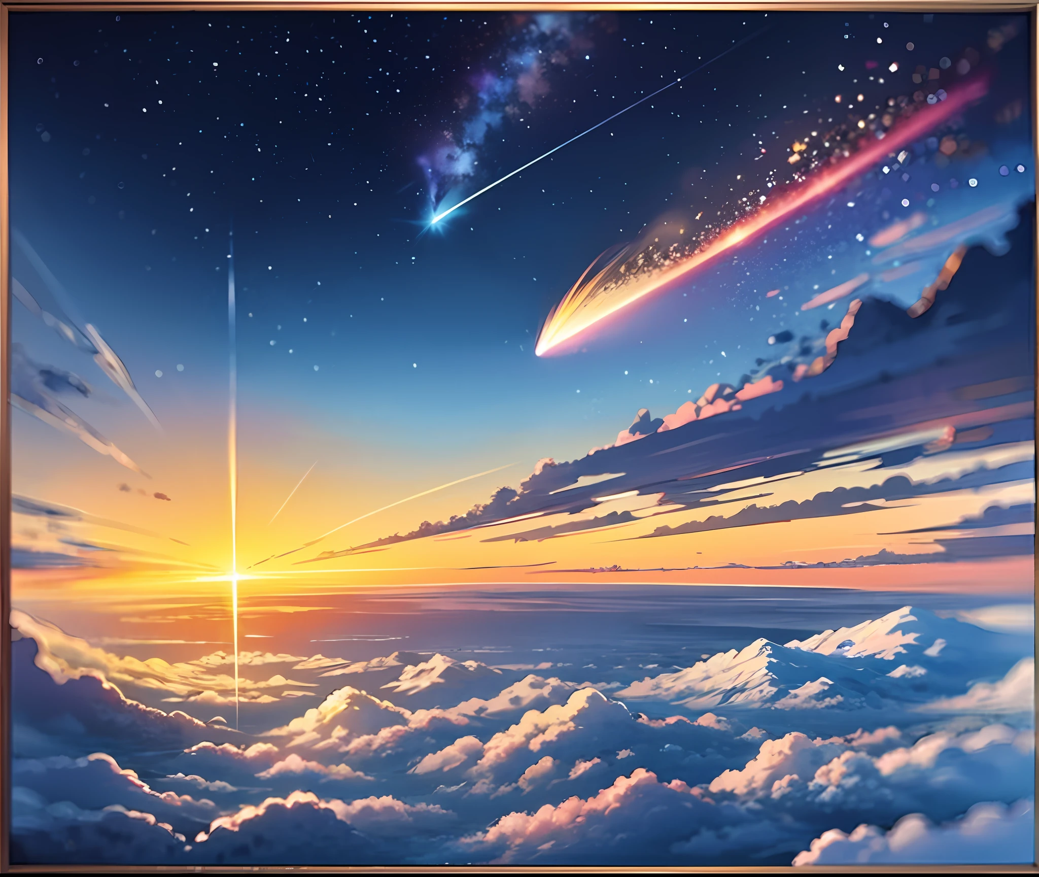 Paint a sunset over the mountains，A bird flies in the sky, Meteor Fall, During meteor storms, Perseid meteor shower, meteors are falling from the sky, meteors, Golden meteor, meteor shower, painting of a dreamscape, author：Ivan Mestrovich, Inspired by Ted Nasmith, sky mural on the room ceiling