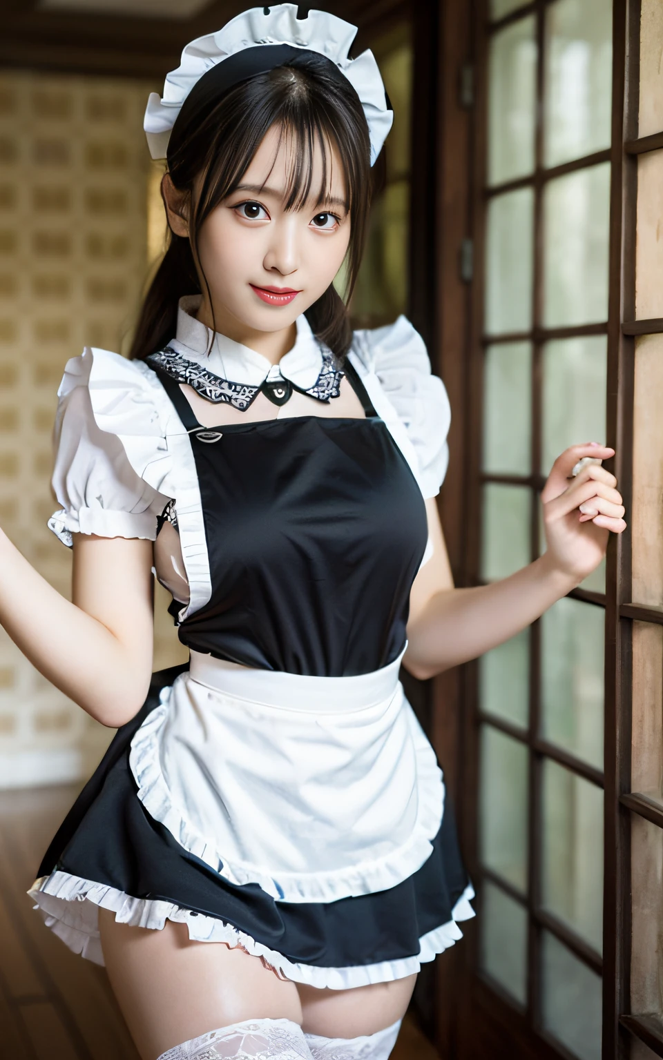 masterpiece, in 8K, hight resolution, detailed maid outfit, a 20 yo woman, Bokeh background, bokeh feeling, Rooms in the mansion, Embarrassed look, de pele branca, Cute girl s, White apron, thighs thighs thighs thighs, Absolute Area, Panchira