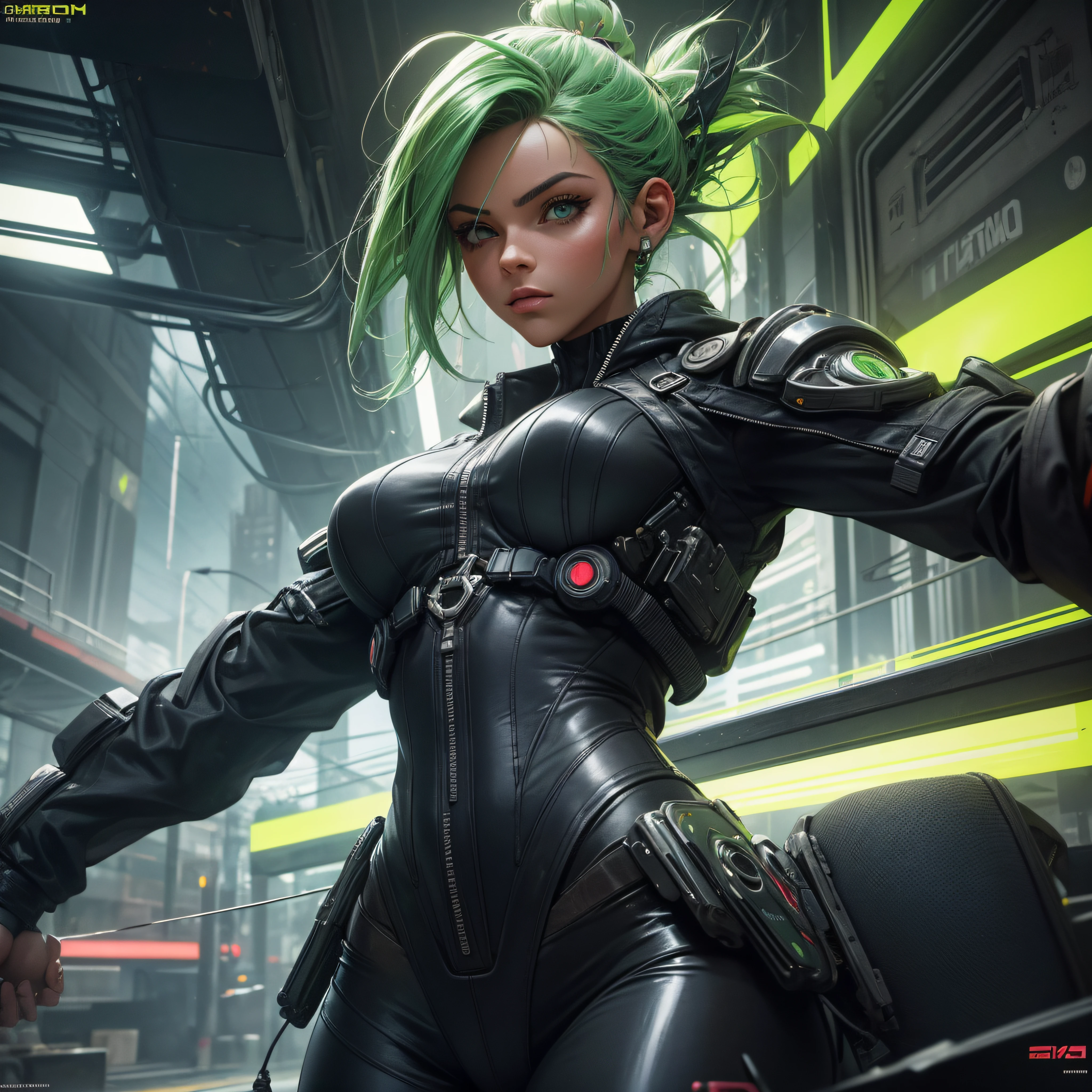 um retrato detalhado de uma garota cyberpunk, foto de plano americano, com olhos verdes, cabelos vermelhos, static pose , corpo atletico, seios grandes, Minimum waist, bodystocking de nylon under latex leotards, pernas definidas, Botas pesadas, anatomia perfeita, arte digital de fundo de cidade cyberpunk iluminada, Pintura realista, cores multi camadas, Bottom-up view, Trends in Artstation Detailed, ultra high def, 8k --auto