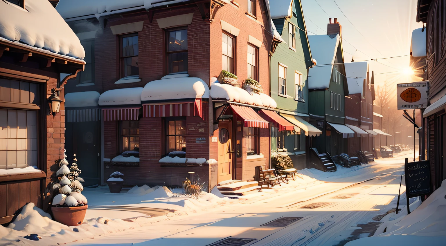 tmasterpiece, Best quality at best, (Very detailed CG Unity 8k wallpaper), (Best quality at best), (The best illustrations), (The best shadow), snow landscape, rays of sunshine, small town(1920s), (English town), (the street), (Multiple stores), (particle effect)and other 3D, Octane rendering, Ray traching, Super meticulous --auto --v6