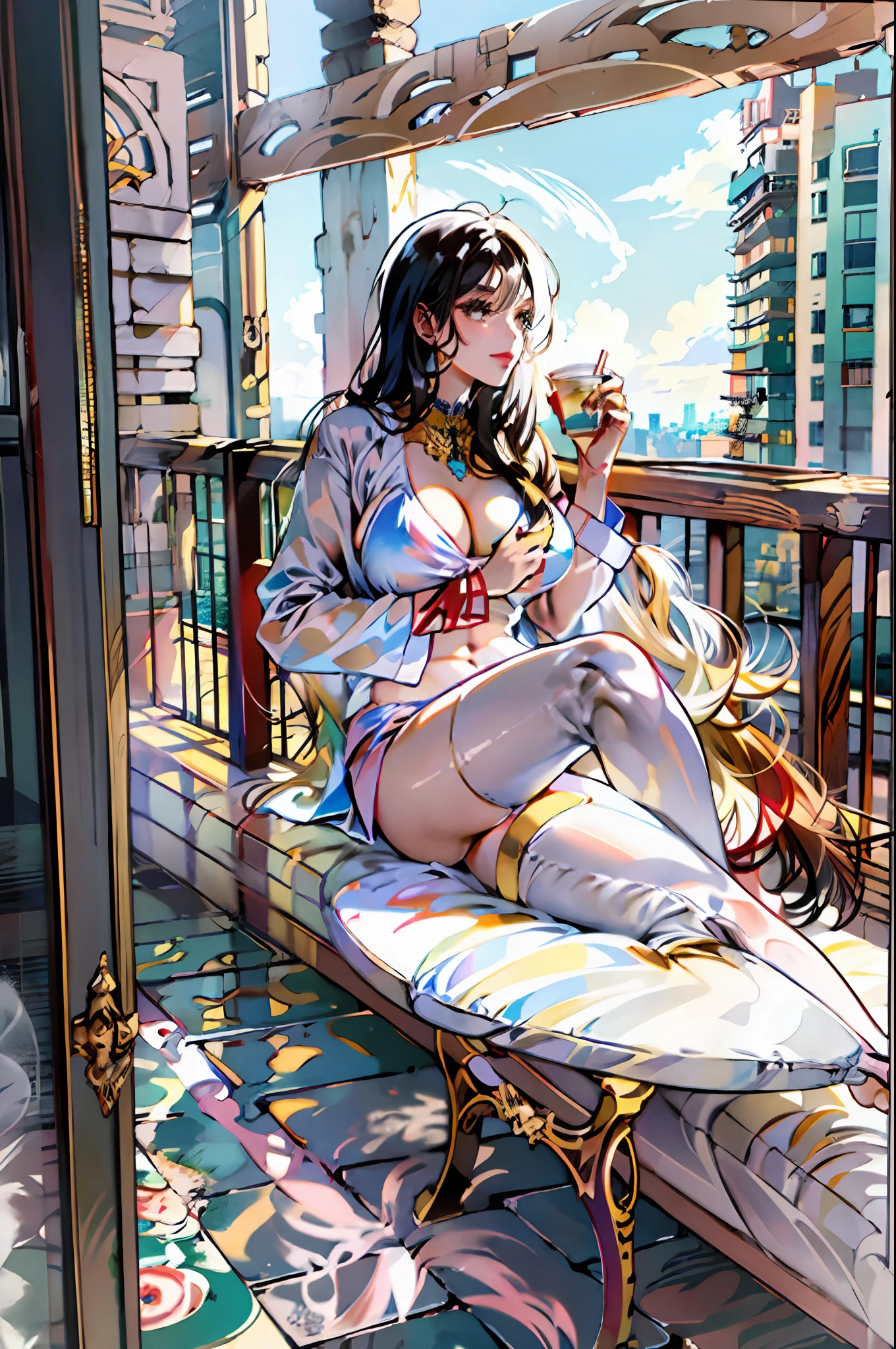 1woman, 40 years old, Arabic, middle eastern, Muslim, wearing Silk Hijab, white see through pyjama, glossy red lips, lips so delicious, high heel, butterfly tattoo in belly, polished nails:0.91, huge breasts, private parts slightly visible, setting on a chair in a balcony, from a skyscraper, drinking fresh coffee, putting her legs into the table, beautiful scenery, sunny day, clear sky, cinematic lighting.